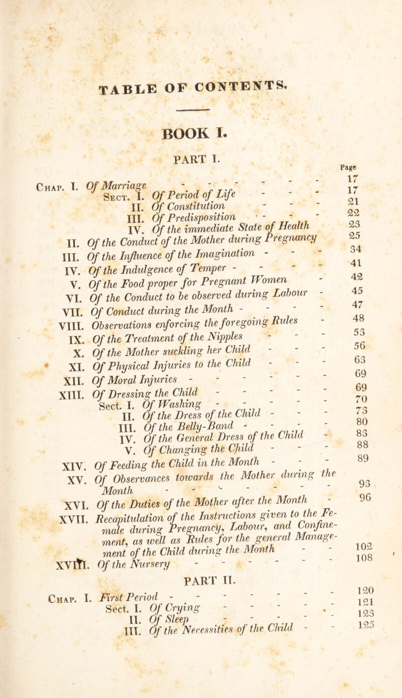 TABEE OF CONTENTS. BOOK PART I. Chap. I. Of Marriage - - “  “ ’ Sect. I. Of Period of Life II. Of Constitution III. Of Predisposition ‘ -  IV. Of the immediate State of Health II. Of the Conduct of the Mother during Pregnancy HI. Of the Influence of the Imagination - IV. Of the Indulgence of Temper - V. Of the Food proper for Pregnant Women Vi, Of the Conduct to he observed during Labour VII. Of Conduct during the Month - - VIII. Observations enforcing the foregoing Rules IX. Of the Treatment of the Nipples X. Of the Mother suckling her Child XL Of Physical Injuries to the Child XIL Of Moral Injuries - XIII. Of Dressing the Child Sect. I. Of Washing - - “ II. Of the Dress of Lie Child - III. Of the Belly-Band - - r IV. Of the General Dress of the Child V. Of Changing the Child XIV. Of Feeding the Child in the Month  XV. Of Observances towards the Mother during the Month - - “ XVI. Of the Duties of the Mother after the Month XVII. Recapitulation of the Instructions given to the Fe- male during Pregnancy, Labour, and Confine- ment, as well as Rules for the general Manage- ment of the Child during the Month XVltl. Of the Nursery PART II. Chap. I. First Period - Sect. I. Of Crying - - “ II. Of Sleep ~ - III. Of the Necessities of the Child - Page 17 17 21 22 23 25 34 41 42 45 47 48 53 56 63 69 69 70 73 80 83 88 89 93 96 102 108 120 121 123 125