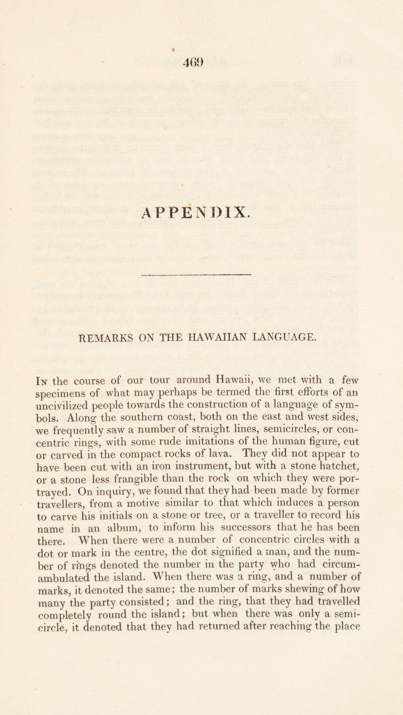 APPENDIX. REMARKS ON THE HAWAIIAN LANGUAGE. In the course of our tour around Hawaii, we met with a few specimens of what may perhaps be termed the first efforts of an uncivilized people towards the construction of a language of sym- bols. Along the southern coast, both on the east and west sides, we frequently saw a number of straight lines, semicircles, or con- centric rings, with some rude imitations of the human figure, cut or carved in the compact rocks of lava. They did not appear to have been cut with an iron instrument, but with a stone hatchet, or a stone less frangible than the rock on which they were por- trayed. On inquiry, we found that they had been made by former travellers, from a motive similar to that which induces a person to carve his initials on a stone or tree, or a traveller to record his name in an album, to inform his successors that he has been there. When there were a number of concentric circles with a dot or mark in the centre, the dot signified a man, and the num- ber of rings denoted the number in the party who had circum- ambulated the island. When there was a ring, and a number of marks, it denoted the same; the number of marks shewing of how many the party consisted; and the ring, that they had travelled completely round the island; but when there was only a semi- circle, it denoted that they had returned after reaching the place