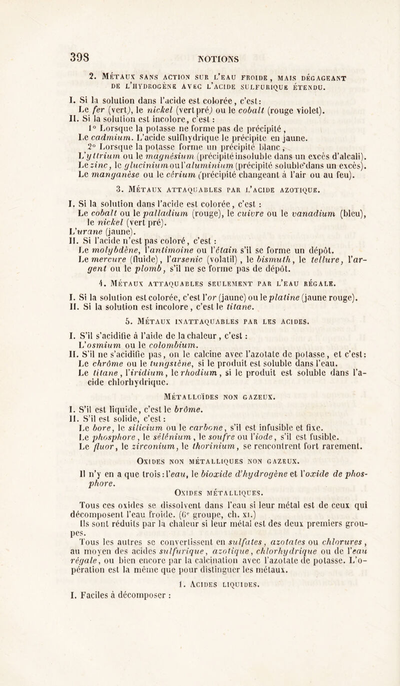 2. Métaux sans action sur l’eau froide, mais dégageant DE l’uïDROGÈNE AVEC L’ACIDE SULFURIQUE ÉTENDU. I. Si la solution dans l’acide est colorée, c’est: Le fer (vert), le nickel (vert pré) ou le cobalt (rouge violet). II. Si la solution est incolore, c’est : 1° Lorsque la potasse ne forme pas de précipité , Le cadmium. L’acide sulfhydrique le précipite en jaune. 2° Lorsque la potasse forme un précipité blanc, L’yttrium ou le magnésium (précipitéinsoluble dans un excès d’alcali). L ezinc, le glucinium ou Xaluminium (précipité soluble'dans un excès). Le manganèse ou le cérium (précipité changeant à l’air ou au feu). 3. Métaux attaquables par l’acide azotique. I. Si la solution dans l’acide est colorée, c’est : Le cobalt ou le palladium (rouge), le cuivre ou le vanadium (bleu), le nickel (vert pré). L'urane (jaune). IL Si l’acide n’est pas coloré, c’est : Le molybdène, Xantimoine ou Xctain s’il se forme un dépôt. L a mercure (fluide), X arsenic (volatil), le bismuth, le tellure, X ar- gent ou le plomb, s’il ne se forme pas de dépôt. 4. Métaux attaquables seulement par l’eau régale. I. Si la solution est colorée, c’est l’or (jaune) ouïe platine (jaune rouge). II. Si la solution est incolore , c’est le titane. 5. Métaux inattaquables par les acides. I. S’il s’acidifie à l’aide de la chaleur, c’est : L'osmium ou le colombium. IL S’il ne s’acidifie pas, on le calcine avec l’azotate de potasse, et c’est: Le chrome ou le tungstène, si le produit est soluble dans l’eau. Le titane , Xiridium, 1 c, rhodium, si le produit est soluble dans l’a- cide chlorhydrique. Métalloïdes non gazeux. I. S’il est liquide, c’est le brôme. IL S’il est solide, c’est : Le bore, le silicium ou le carbone, s’il est infusible et fixe. Le phosphore, le sélénium, le soufre ou l'iode, s’il est fusible. Le fluor, le zirconium, le thorinium, se rencontrent fort rarement. Oxides non métalliques non gazeux. Il n’y en a que trois -A'eau, le bioxide d’hydrogène et Xoxide de phos- phore. 0X1 DF.S MÉTALLIQUES. Tous ccs oxides se dissolvent dans l’eau si leur métal est de ceux qui décomposent l’eau froide. (Gc groupe, ch. xi.) Ils sont réduits par la chaleur si leur métal est des deux premiers grou- pes. Tous les autres se convertissent en sulfates, azotates ou chlorures , au moyen des acides sulfurique, azotique, chlorhydrique ou de l'eau régale, ou bien encore par la calcination avec l’azotate de potasse. I/o- péralion est la même que pour distinguer les métaux. 1. A.CIDES LIQUIDES. I. Faciles à décomposer :