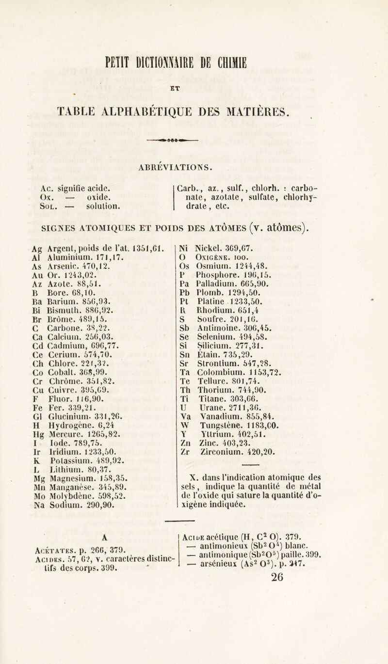 PETIT DICTIONNAIRE DE CHIMIE ET TABLE ALPHABÉTIQUE DES MATIÈRES. ABRÉVIATIONS. Ac. signifie acide. Ox. — oxide. Sol. — solution. Garb., az., suif., clilorh. : carbo- nate, azotate, sulfate, chlorhy- drate , etc. SIGNES ATOMIQUES ET POIDS DES ATOMES (v. atomes). Ag Argent,poids de l’at. 1351,Gl. Al Aluminium. 171,17. As Arsenic. 470,12. Au Or. 1243,02. Az Azote. 88,51. B Bore. 08,10. Ba Barium. 850,93. Bi Bismuth. 880,92. Br Brome. 489,15. C Carbone. 38,22. Ca Calcium. 250,03. Cd Cadmium, 090,77. Ce Cérium. 574,70. Ch Chlore. 22 f ,32. Co Cobalt. 308,99. Cr Chrome. 351,82. Cu Cuivre. 395,09. F Fluor. 110,90. Fe Fer. 339,21. Gl Glucinium. 331,20. H Hydrogène. 0,24 Hg Mercure. 1205,8-2. I Iode. 789,75. Ir Iridium. 1233,50. K Potassium. 489,92. L Lithium. 80,37. Mg Magnésium. 158,35. Mn Manganèse. 345,89. Mo Molybdène. 598,52. Na Sodium. 290,90. Ni Nickel. 309,07. O OxiGÉiNE. 100. Os Osmium. 1214,48. P Phosphore. 190,15. Pa Palladium. 005,90. Pb Plomb. 1294,50. Pt Platine 1233,50. R Rhodium. 051,4 S Soufre. 201,10. Sb Antimoine. 300,45. Se Sélénium. 494,58. Si Silicium. 277,31. Sn Étain. 735,29. Sr Strontium. 547,28. Ta Colombium. 1153,72. Te Tellure. 801,74. Th Thorium. 744,90. Ti Titane. 303,00. U Urane. 2711,30. Va Vanadium. 855,84. W Tungstène. 1183,C0. Y Yttrium. 402,51. Zn Zinc. 403,23. Zr Zirconium. 420,20. X. dans l’indication atomique des sels, indique la quantité de métal de l’oxide qui sature la quantité d’o- xigène indiquée. A Acétates, p. 200, 379. Acides. 57, 02, v. caractères distinc- tifs des corps. 399. Acide acétique (H, C2 O). 379. — antimonieux (Sb20/*) blanc. — antimonique (Sb2Os) paille. 399. — arsénieux (As2 O3), p. 217. 26