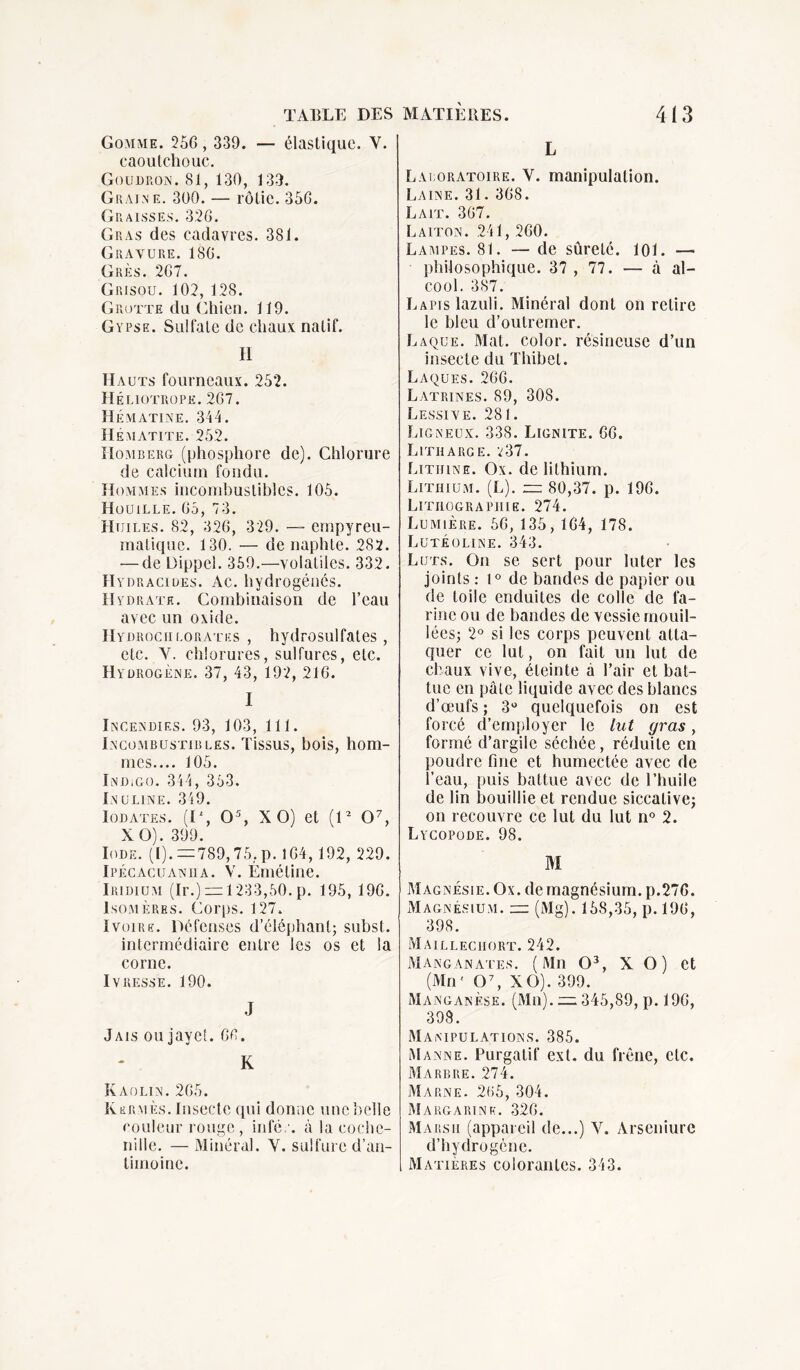 Gomme. 256, 339. — élastique. Y. caoutchouc. Goudron. 81, 130, 133. Graine. 300. — rôtie. 356. Graisses. 326. Gras des cadavres. 381. Gravure. 186. Grès. 267. Grisou. 102, 128. Grotte du Chien. 119. Gypse. Sulfate de chaux natif. H Hauts fourneaux. 252. Héliotrope. 267. Hématine. 344. Hématite. 252. Homberg (phosphore de). Chlorure de calcium fondu. Hommes incombustibles. 105. Houille. 65, 73. Huiles. 82, 326, 329. — empyreu- matique. 130. — de naphte. 282. •—de Dippeî. 359.—volatiles. 332. Hydraciues. Ac. hydrogénés. Hydrate. Combinaison de l’eau avec un oxide. Hydrociiloratks , hydrosulfates, etc. Y. chlorures, sulfures, etc. Hydrogène. 37, 43, 192, 216. I Incendies. 93, 103, 111. Incombustibles. Tissus, bois, hom- mes.... 105. Iniugo. 344, 353. Inuline. 349. Iodates. (L, O5, X O) et (l2 O7, XO). 399. Iode. (I). =789,75.p. 164, 192, 229. Ip écacuaniia. V. Émétine. Iridium (Ir.) = 1233,50. p. 195, 196. Isomères. Corps. 127. Ivoire. Défenses d’éléphant; subst. intermédiaire entre les os et la corne. Ivresse. 190. J Jais ou jayeî. 66. K Kaolin. 265. Kermès. Insecte qui donne une belle couleur rouge, infé •. à la coche- nille. — Minéral. Y. sulfure d’an- timoine. L Lai oratoire. V. manipulation. Laine. 31. 368. Lait. 367. Laiton. 241, 260. Lampes. 81. — de sûreté. 101. — philosophique. 37 , 77. — à al- cool. 387. Lapis lazuli. Minéral dont on relire le bleu d’outremer. Laque. Mat. color. résineuse d’un insecte du Thibet. Laques. 266. Latrines. 89, 308. Lessive. 281. Ligneux. 338. Lignite. 66. Litiiarge. 237. Litiiine. Ox. de lithium. Lithium. (L). — 80,37. p. 196. Lithographie. 274. Lumière. 56, 135, 164, 178. Lutéoline. 343. Lues. On se sert pour luter les joints : 1° de bandes de papier ou de toile enduites de colle de fa- rine ou de bandes de vessie mouil- lées; 2° si les corps peuvent atta- quer ce lut, on fait un lut de chaux vive, éteinte à l’air et bat- tue en pâle liquide avec des blancs d’œufs ; 3° quelquefois on est forcé d’employer le lut gras, formé d’argile séchée, réduite en poudre fine et humectée avec de l’eau, puis battue avec de l’huile de lin bouillie et rendue siccative; on recouvre ce lut du lut n° 2. Lycopûde. 98. M Magnésie. Ox. de magnésium, p.276. Magnésium. — (Mg). 158,35, p. 196, 398. Mailleciiort. 242. Manganates. (Mn O3, X O) et (Mn' O7, XO). 399. Manganèse. (Mn). = 345,89, p. 196, 393. Manipulations. 385. Manne. Purgatif ext. du frêne, etc. Marbre. 274. Marne. 265, 304. Margarine. 326. Marsh (appareil de...) Y. Arseniure d’hydrogène. Matières colorantes. 343.