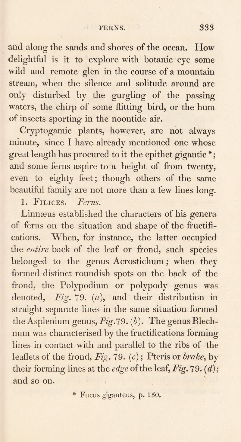 and along the sands and shores of the ocean. How delightful is it to explore with botanic eye some wild and remote glen in the course of a mountain stream, when the silence and solitude around are only disturbed by the gurgling of the passing- waters, the chirp of some flitting bird, or the hum of insects sporting in the noontide air. Cryptogamic plants, however, are not always minute, since I have already mentioned one whose great length has procured to it the epithet gigantic *; and some ferns aspire to a height of from twenty, even to eighty feet; though others of the same beautiful family are not more than a few lines long. 1. Filices. Ferns. Linnaeus established the characters of his genera of ferns on the situation and shape of the fructifi- cations. When, for instance, the latter occupied the entire back of the leaf or frond, such species belonged to the genus Acrostichum; when they formed distinct roundish spots on the back of the frond, the Polypodium or polypody genus was denoted, Fig. 79. (a), and their distribution in straight separate lines in the same situation formed the Asplenium genus, Fig.79. (b). The genus Blech- num was characterised by the fructifications forming lines in contact with and parallel to the ribs of the leaflets of the frond, Fig. 79. (c); Pteris or brake, by their forming lines at the edge of the leaf,FYg. 79. (d); and so on. * Fucus giganteus, p. 150.