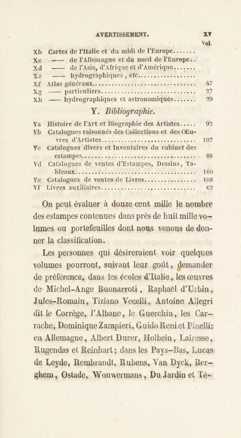 Vol. Xb Cartes de l’Italie et du midi de l’Europe Xc de l’Allemagne et du nord de l’Europe.. Xd de l’Asie, d’Afrique et d’Amérique Xe hydrographiques , etc Xf Atlas généraux 47 Xg particuliers 27 Xh —— hydrographiques et astronomiques 29 Y. Bibliographie. Ya Histoire de l’Art et Biographie des Artistes 92 Yb Catalogues raisonnés des Collections et des OEu- vres d’Artistes 102 Yc Catalogues divers et Inventaires du cabinet des estampes 88 Yd Catalogues de ventes d’Estampes, Dessins, Ta- bleaux 160 Ye Catalogues de ventes de livres. „ 108 Yf Livres auxiliaires 62 On peut évaluer à douze cent mille le nombre des estampes contenues dans près de huit mille vo- lumes ou portefeuilles dont nous venons de don- ner la classification. Les personnes qui désireraient voir quelques volumes pourront, suivant leur goût, demander de préférence, dans les écoles d’Italie, les œuvres de Michel-Ange Buonarroti, Raphaël d’Urbin, Jules-Romain, Tiziano Veceili, Antoine Àllegri dit le Corrège, l’Albane, le Guerchin, les Car- rache, Dominique Zampieri, Guido Renie! Pmelli: en Allemagne, Albert Durer, Holbein, Lairesse, Rugendas et Reinhart ; dans les Pays-Bas, Lucas de Leyde, Rembrandt, Rubens, Van Dyck, Ber- ghem, Ostade, Wouwermans, Du Jardin et Té-