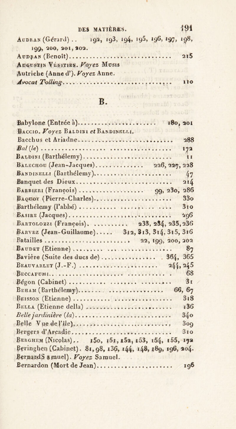 àüdran (Gérard) .. 19a, 198, 194» J97> *98» 199, *200, 201, aoa. Aud^an (Benoît) 2i5 Augustin Vénitien. Voyez Musis Autriche (Aune d’). Voyez Anne. Avocat Tolling 11® B. Babylone (Entrée à) .. 180, aoï Baccio. Voyez Bàldiki et Bakdinelui. Bacehus et Ariadne 288 Bal {le) 172 Baldini (Barthélemy) ü Balechou (Jean-Jacques) 226, 22e?, 228 Bandinelli (Barthélemy) 4? Banquet des Dieux 214 Barbiéri (François) 99, 280, 286 Baquoy (Pierre-Charles).. 33o Barthélemy (l’abbé) 3io Basirs (Jacques) 296 Bartolozzi (François) 233, 234» 235,23(5 JBarvez (Jean-Guillaume) 3i2, 3i3, 314» 3*5, 3i6 Batailles 22, 199, 200, 202 Baudet (Etienne) 87 Bavière (Suite des ducs de) 364, 365 Beauvarlet (J.-F.) 244*245 Beccafumi... 68 Bégon (Cabinet) 31 Beham (Barthélemy) ................ 66,67 Beisson (Etienne) 3i8 Bella (Etienne délia) i36 Belle jardinière {la) 34© Belle Viie de VUe), 3og Bergers d’Arcadie 3io Berghem (Nicolas).. i5o, |5i,i5a, i53, i54, 155, 17» Bçringhen (Cabinet). 81,98, i3(>, i44» *43» 189, 196, 204. BcrnardS 8mue!). Voyez Samuel. Bernardon (Mort de Jean) 196