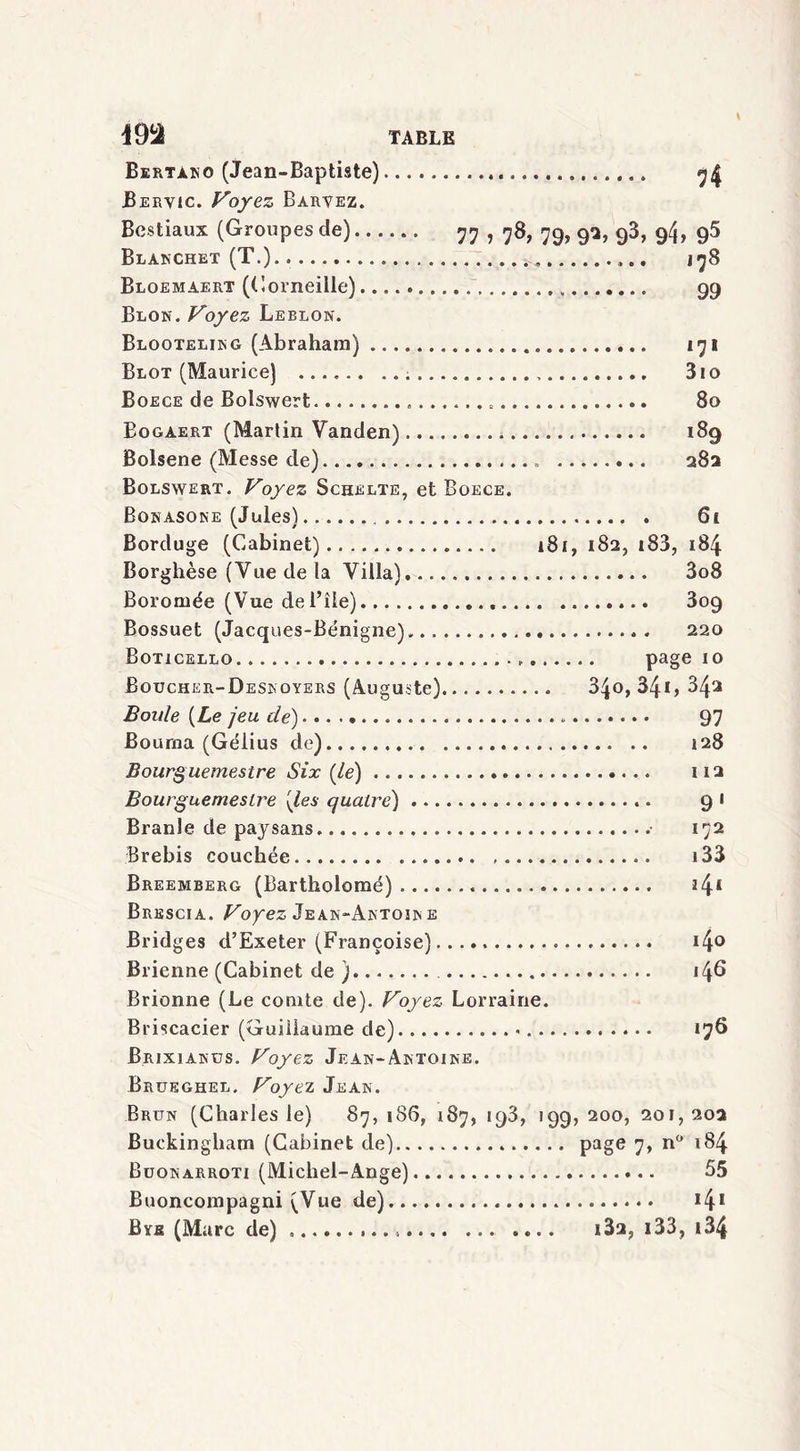 i9Ü Bertako (Jean-Baptiste) 74 Bervic. F oyez Barvez. Bestiaux (Groupes de) 77 , 78, 79, 92, 98, 94, 95 Blanchet (T.) v<, j78 Bloemaert (Corneille) 99 Blon. Voyez Leblon. Blooteling (Abraham) 171 Blot (Maurice) ...... 3io Boece de Bolswert « 80 Bogaert (Martin Vanden) 189 Bolsene (Messe de) 28a Bolswert. Voyez Schelte, et Boece. Bonasone (Jules) 61 Borduge (Cabinet) 181, 182, 183, 184 Borghèse (Vue de la Villa) 3o8 Boromée (Vue del’île) 3og Bossuet (Jacques-Bénigne). 220 Boticello page 10 Boucher-Desnoyers (Auguste) 340, 34c 34a Boule (Le jeu de) 97 Bourna (Gélius de) 128 Bourguemestre Six (le) 112 Bourguemestre {les quatre) 9 • Branle de paysans 172 Brebis couchée i33 Breemberg (Bartholomé) 14* Brescia. Voyez Jean-Antoin e Bridges cl’Exeter (Françoise) i4° Brienne (Cabinet de ) 146 Brionne (Le comte de). Voyez Lorraine. Briscacier (Guillaume de) 176 Brixiakds. Voyez Jean-Antoine. Brüeghel. Voyez Jean. Brun (Charles le) 87, 186, 187, iq3, 199, 200, 201,20a Buckingham (Cabinet de) page 7» n° Buonarroti (Michel-Ange) 55 Buoncompagni (Vue de) 141 Byb (Marc de) .... i32, 133, 134