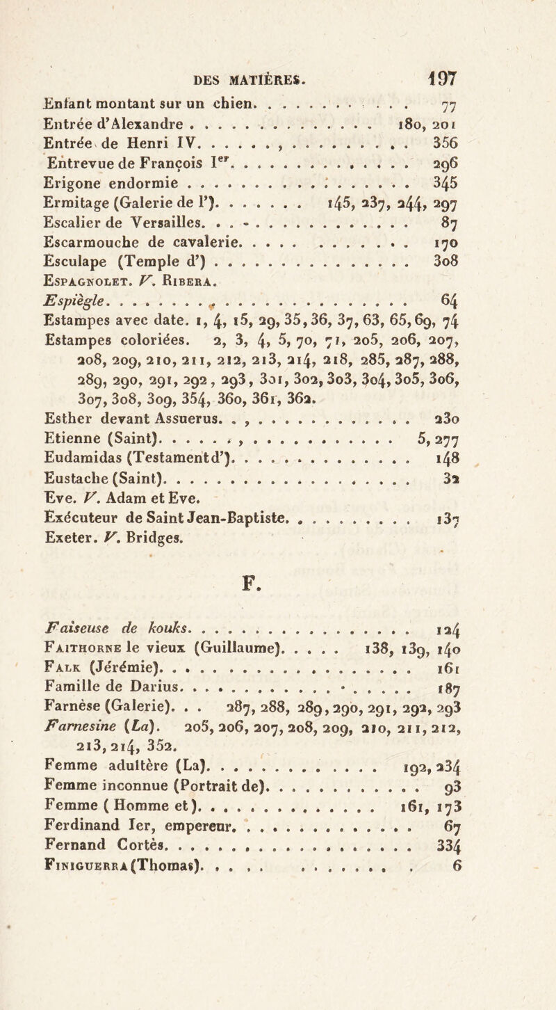 Entant montant sur un chien ... 77 Entrée d’Alexandre 180, 201 Entrée de Henri IV , 356 Entrevue de François Ier 296 Erigone endormie 345 Ermitage (Galerie de Y). 145, 237, a44> 297 Escalier de Versailles. . . - 87 Escarmouche de cavalerie 170 Esculape (Temple d’) 3o8 Espagnolet. V. Ribera. Espiègle * 64 Estampes avec date. 1, 4» i5, 29, 35,36, 37, 63, 65,69, 74 Estampes coloriées. 2, 3, 4> 5, 70, 7 j, 2o5, 206, 207, 208, 209, 210, 211, 212, 2i3, 214, 218, 285, 287, 288, 289, 290, 291,292, 293, 3ûi,3o2, 3o3, 3o4,3o5, 3o6, 307, 3o8, 3og, 354, 36o, 361, 362. Esther devant Assuerus. . . . 280 Etienne (Saint) 5, 277 Eudamidas (Testamentd’). 148 Eustaclie (Saint) Eve. V. Adam et Eve. Exécuteur de Saint Jean-Baptiste 137 Exeter. V. Bridges. F. Faiseuse de kouks 124 FaithorneIc vieux (Guillaume). .... i38, 139, 140 Falk (Jérémie) 161 Famille de Darius • 187 Farnèse (Galerie). . . 287,288, 289,290,291,292,293 Farnesine (La). 205,206,207,208,209, 2)0,211,212, 2)3, 214, 352. Femme adultère (La) . .... 192, aB4 Femme inconnue (Portrait de) 93 Femme ( Homme et) 161,173 Ferdinand Ier, empereur 67 Fernand Cortès 334 Finiguerra (Thomas) 6