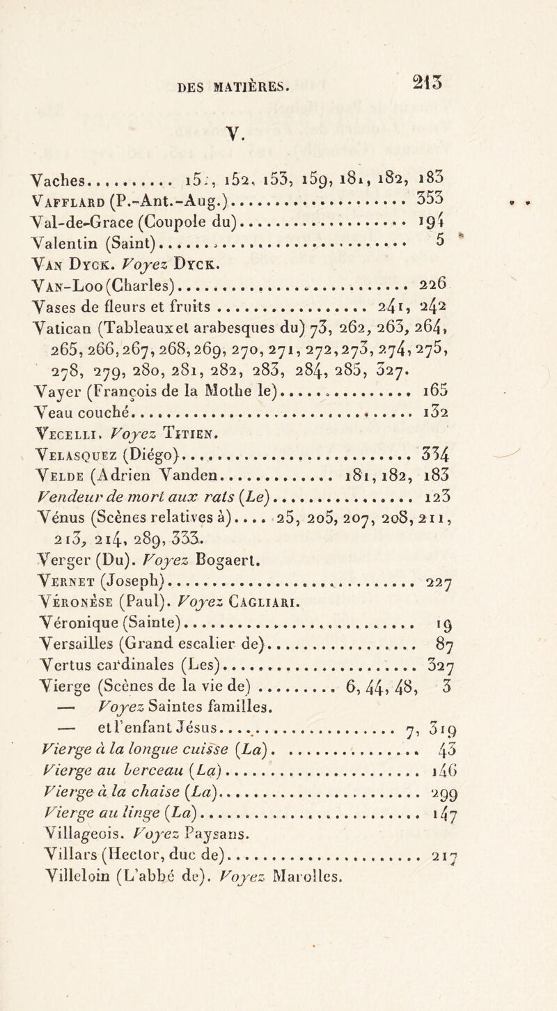 Y. Vaches. 15:, i52, 155, 15p, 181, 182, 180 Vafflard (P.-Ant.-Aug.) 353 Val-de-Grace (Coupole du) 19^ Yalentin (Saint) - 3 Van Dyck. Voyez Dyck. Vàn-Loo (Charles).................... 226 Vases de fleurs et fruits 241, 242 Vatican (Tableauxet arabesques du) 73, 262, 203, 264» 265,266,267, 268,269, 270, 271,272,270, 274,275, 278, 279, 280, 281, 282, 283, 284, 285, 827. Vayer (François de la Mothe le) , 165 Veau couché i32 Vecelli. Voyez Titien. Velasquez (Diego), 334 Velde (Adrien Vanden 181,182, i83 Vendeur de mort aux rats (Le) 123 Vénus (Scènes relatives à).... 25, 2o5, 207, 208, 211, 213, 214, 289, 333. Verger (Du). Voyez Bogaert. Vernet (Joseph) 227 Véronèse (Paul). Voyez Càgliari. Véronique (Sainte) 19 Versailles (Grand escalier de) 87 Vertus cardinales (Les) 327 Vierge (Scènes de la vie de) 6, 44> 48, 3 — Voyez Saintes familles. — et l’enfant Jésus. 7, 319 Vierge à la longue cuisse (La) 43 Vierge au Lerceau (La) i46 Vierge à la chaise (La) 299 Vierge au linge (La) 147 Villageois. Voyez Paysans. Villars (Hector, duc de) 217 Villeloin (L’abbé de). Voyez Marolles.