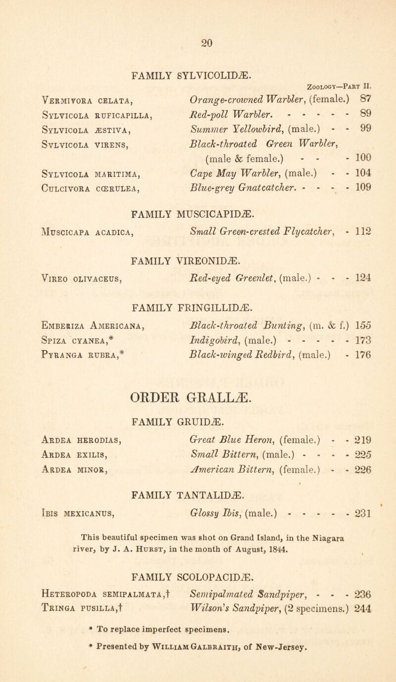 FAMILY SYLVICOLIDiE. Zoology—Part II. Vermiyora CELATA, Sylvicola ruficapilla, Sylyicola jestiva, SvLVICOLA VIRENS, Sylyicola maritima, CULCIVORA CCERULEA, Orange-crowned Warbler, (female.) 87 Red-poll Warbler..89 Summer Yellowbird, (male.) 99 Black-throated Green Warbler, (male & female.) - - - 100 Cape May Warbler, (male.) - - 104 Blue-grey Gnatcatcher. - - - 109 FAMILY MUSCICAPID^. Muscicapa acadica, Small Green-crested Flycatcher, - 112 FAMILY VIREONIDiE. Vireo olivaceus, Red-eyed Greenlet, (male.) - * * 124 FAMILY FRINGILLIDiE. Emberiza Americana, Black-throated Bunting, (m. & f.) 155 Spiza cyanea,* Indigobird, (male.) - - - - - 173 Pyranga rubra,* Black-winged Redbird, (male.) - 176 ORDER GRALLiE. FAMILY GRUIDiE. Ardea herodias, Great Blue Heron, (female.) - - 219 Ardea exilis, Small Bittern, (male.) - - - 225 Ardea minor, American Bittern, (female.) - - 226 * FAMILY TANTALIDiE. Ibis mexicanus, Glossy Ibis, (male.) - - 231 This beautiful specimen was shot on Grand Island, in the Niagara river, by J. A. Hurst, in the month of August, 1844. FAMILY SCOLOPACIDiE. Heteropoda semipalmata ,t Semipalmated Sandpiper, - 236 Tringa PUSiLLA,! Wilson’s Sandpiper, (2 specimens.) 244 * To replace imperfect specimens. * Presented by William Galbraith, of New-Jersey.