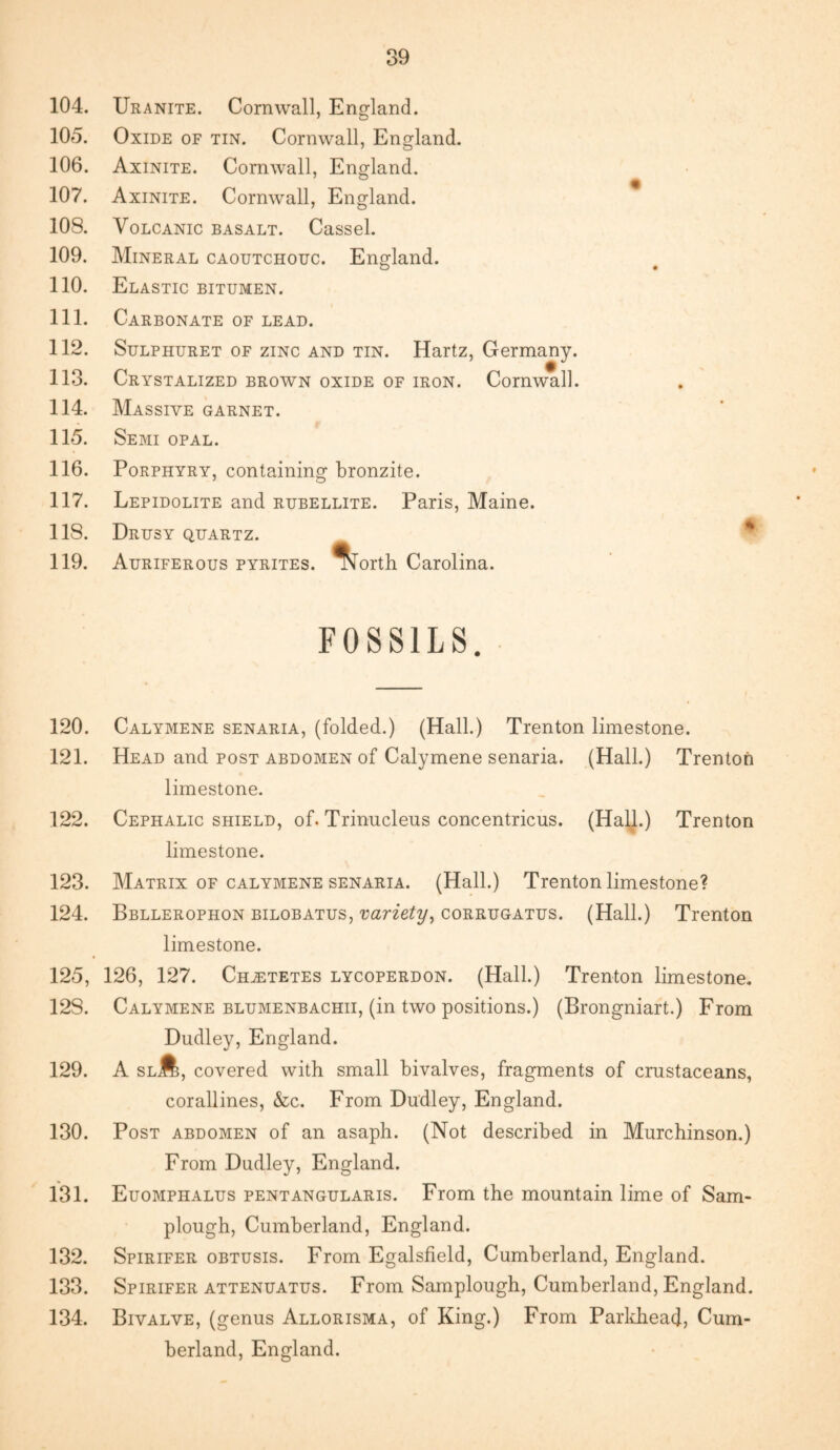 104. Uranite. Cornwall, England. 105. Oxide of tin. Cornwall, England. 106. Axinite. Cornwall, England. 107. Axinite. Cornwall, England. 108. Volcanic basalt. Cassel. 109. Mineral caoutchouc. England. 110. Elastic bitumen. 111. Carbonate of lead. 112. Sulphuret of zinc and tin. Hartz, Germany. 113. Crystalized brown oxide of iron. Cornwall. 114. Massive garnet. 115. Semi opal. 116. Porphyry, containing bronzite. 117. Lepidolite and rubellite. Paris, Maine. 118. Drusy quartz. 119. Auriferous pyrites, ^orth Carolina. FOSSILS. 120. Calymene senaria, (folded.) (Hall.) Trenton limestone. 121. Head and post abdomen of Calymene senaria. (Hall.) Trenton limestone. 122. Cephalic shield, of. Trinucleus concentricus. (Hall.) Trenton limestone. 123. Matrix of calymene senaria. (Hall.) Trenton limestone? 124. Bbllerophon bilobatus, variety, corrugatus. (Hall.) Trenton limestone. 125. 126, 127. Ch^tetes lycoperdon. (Hall.) Trenton limestone. 12S. Calymene blumenbachii, (in two positions.) (Brongniart.) From Dudley, England. 129. A sL.ft, covered with small bivalves, fragments of crustaceans, corallines, &c. From Dudley, England. 130. Post abdomen of an asaph. (Not described in Murchinson.) From Dudley, England. 131. Euomphalus pentangularis. From the mountain lime of Sam- plough, Cumberland, England. 132. Spirifer obtusis. From Egalsfield, Cumberland, England. 133. Spirifer attenuatus. From Samplough, Cumberland, England. 134. Bivalve, (genus Allorisma, of King.) From Parldiead, Cum¬ berland, England.