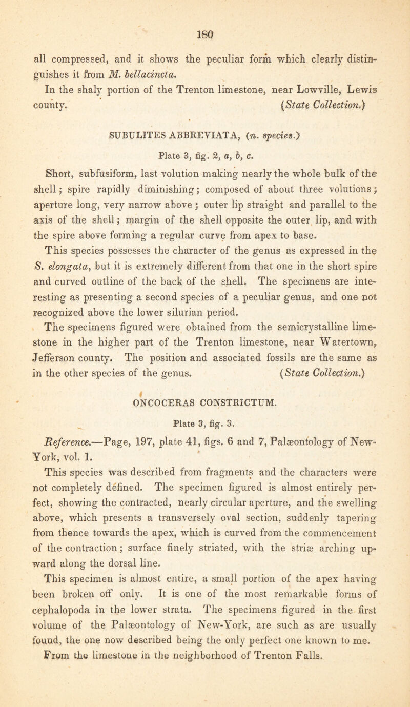 all compressed, and it shows the peculiar form which clearly distin¬ guishes it from M. bellacincta. In the shaly portion of the Trenton limestone, near Lowville, Lewis county, (State Collection.) SUBULITES ABBREVIATA, (n. species.) Plate 3, fig. 2, a, b} c. Short, suhfusiform, last volution making nearly the whole hulk of the shell; spire rapidly diminishing; composed of about three volutions; aperture long, very narrow above; outer lip straight and parallel to the axis of the shell; margin of the shell opposite the outer lip, and with the spire above forming a regular curve from apex to base. This species possesses the character of the genus as expressed in the S. elongata, but it is extremely different from that one in the short spire and curved outline of the back of the shell. The specimens are inte¬ resting as presenting a second species of a peculiar genus, and one riot recognized above the lower silurian period. The specimens figured were obtained from the semicrystalline lime¬ stone in the higher part of the Trenton limestone, near Watertown, Jefferson county. The position and associated fossils are the same as in the other species of the genus. (State Collection.) # ONCOCERAS CONSTRICTUM. Plate 3, fig. 3. Reference.—Page, 197, plate 41, figs. 6 and 7, Palceontology of New- York, vol. 1. This species was described from fragments and the characters were not completely defined. The specimen figured is almost entirely per¬ fect, showing the contracted, nearly circular aperture, and the swelling above, which presents a transversely oval section, suddenly tapering from thence towards the apex, which is curved from the commencement of the contraction; surface finely striated, with the stride arching up¬ ward along the dorsal line. This specimen is almost entire, a small portion of the apex having been broken oft only. It is one of the most remarkable forms of cephalopoda in the lower strata. The specimens figured in the first volume of the Palaeontology of New-York, are such as are usually found, the one now described being the only perfect one known to me. From the limestone in the neighborhood of Trenton Falls.