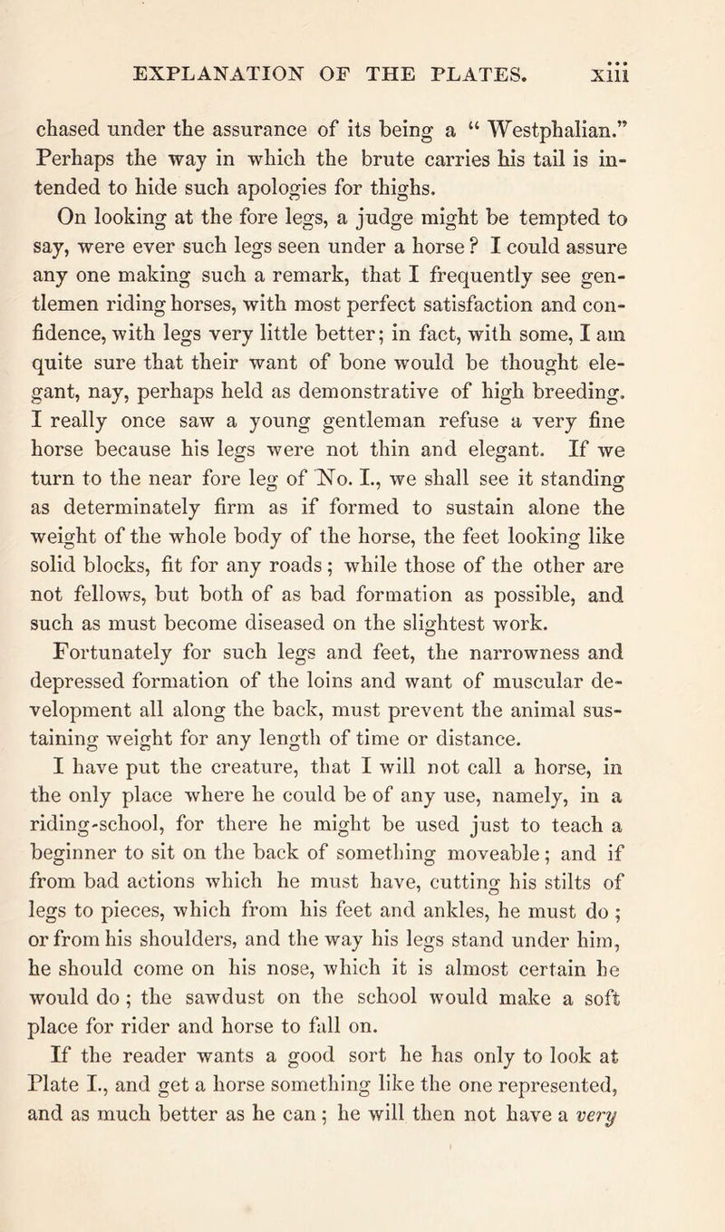 chased under the assurance of its being a “ Westphalian.” Perhaps the way in which the brute carries his tail is in- tended to hide such apologies for thighs. On looking at the fore legs, a judge might be tempted to say, were ever such legs seen under a horse ? I could assure any one making such a remark, that I frequently see gen- tlemen riding horses, with most perfect satisfaction and con- fidence, with legs very little better; in fact, with some, I am quite sure that their want of bone would be thought ele- gant, nay, perhaps held as demonstrative of high breeding, I really once saw a young gentleman refuse a very fine horse because his legs were not thin and elegant. If we turn to the near fore lej? of No. I., we shall see it standing as determinately firm as if formed to sustain alone the weight of the whole body of the horse, the feet looking like solid blocks, fit for any roads; while those of the other are not fellows, but both of as bad formation as possible, and such as must become diseased on the slightest work. Fortunately for such legs and feet, the narrowness and depressed formation of the loins and want of muscular de- velopment all along the back, must prevent the animal sus- taining weight for any length of time or distance. I have put the creature, that I will not call a horse, in the only place where he could be of any use, namely, in a riding-school, for there he might be used just to teach a beginner to sit on the back of something moveable; and if from bad actions which he must have, cuttino- his stilts of legs to pieces, which from his feet and ankles, he must do ; or from his shoulders, and the way his legs stand under him, he should come on his nose, which it is almost certain he would do ; the sawdust on the school would make a soft place for rider and horse to fall on. If the reader wants a good sort he has only to look at Plate L, and get a horse something like the one represented, and as much better as he can; he will then not have a very