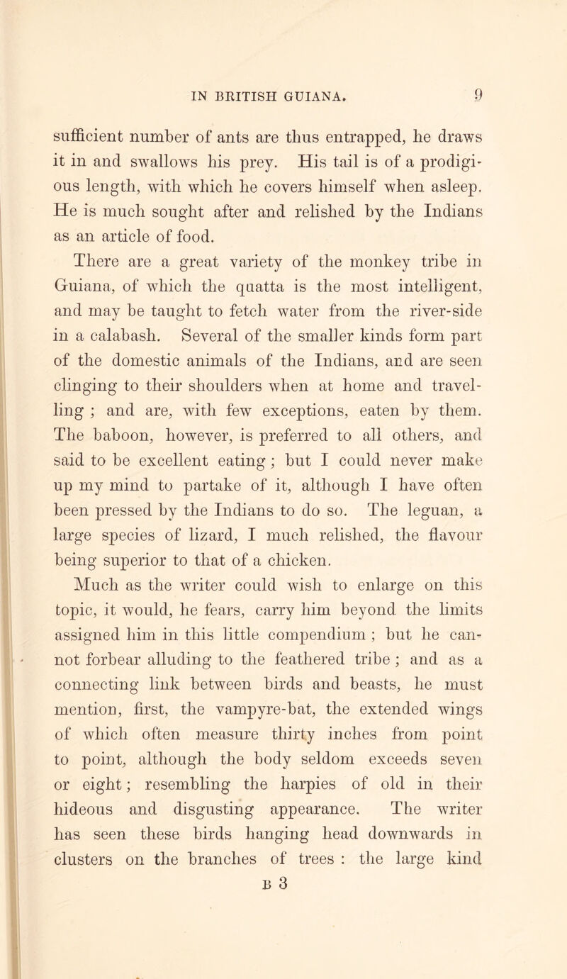 sufficient number of ants are thus entrapped, lie draws it in and swallows liis prey. His tail is of a prodigi- ous length, with which he covers himself when asleep. He is much sought after and relished by the Indians as an article of food. There are a great variety of the monkey tribe in Guiana, of which the quatta is the most intelligent, and may be taught to fetch water from the river-side in a calabash. Several of the smaller kinds form part of the domestic animals of the Indians, and are seen clinging to their shoulders when at home and travel- ling ; and are, with few exceptions, eaten by them. The baboon, however, is preferred to all others, and said to be excellent eating; but I could never make up my mind to partake of it, although I have often been pressed by the Indians to do so. The leguan, a large species of lizard, I much relished, the flavour being superior to that of a chicken. Much as the writer could wish to enlarge on this topic, it would, he fears, carry him beyond the limits assigned him in this little compendium ; but he can- not forbear alluding to the feathered tribe ; and as a connecting link between birds and beasts, he must mention, first, the vampyre-bat, the extended wings of which often measure thirty inches from point to point, although the body seldom exceeds seven or eight; resembling the harpies of old in their hideous and disgusting appearance. The writer has seen these birds hanging head downwards in clusters on the branches of trees : the large kind b 3