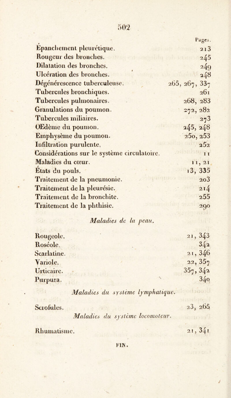 Epanchement pleurétique. 2l3 Rougeur des bronches. 245 Dilatation des bronches. 249 Ulcération des bronches. 24d Dégénérescence tuberculeuse. 265, 267, 337 Tubercules bronchiques. 261 Tubercules pulmonaires. 268, 283 Granulations du poumon. 272, 282 Tubercules miliaires. 273 OEdème du poumon. 245, 248 Emphysème du poumon. 25o,253 Infiltration purulente. 252 Considérations sur le système circulatoire. 11 Maladies du cœur. 11,21 Etats du pouls. i3, 335 Traitement de la pneumonie. 203 Traitement de là pleurésie. 214 Traitement de la bronchite. 255 Traitement de la phthisie. 290 Maladies de la peau. Rougeole. 21, 343 Roséole. 342 Scarlatine. 21, 346 Variole. 22, 357 Urticaire. 357,342 Purpura. \ 340 Maladies du système lymphatique. Scrofules. 23, 265 Maladies du système locomoteur. Rhumatisme. 21 , 34l
