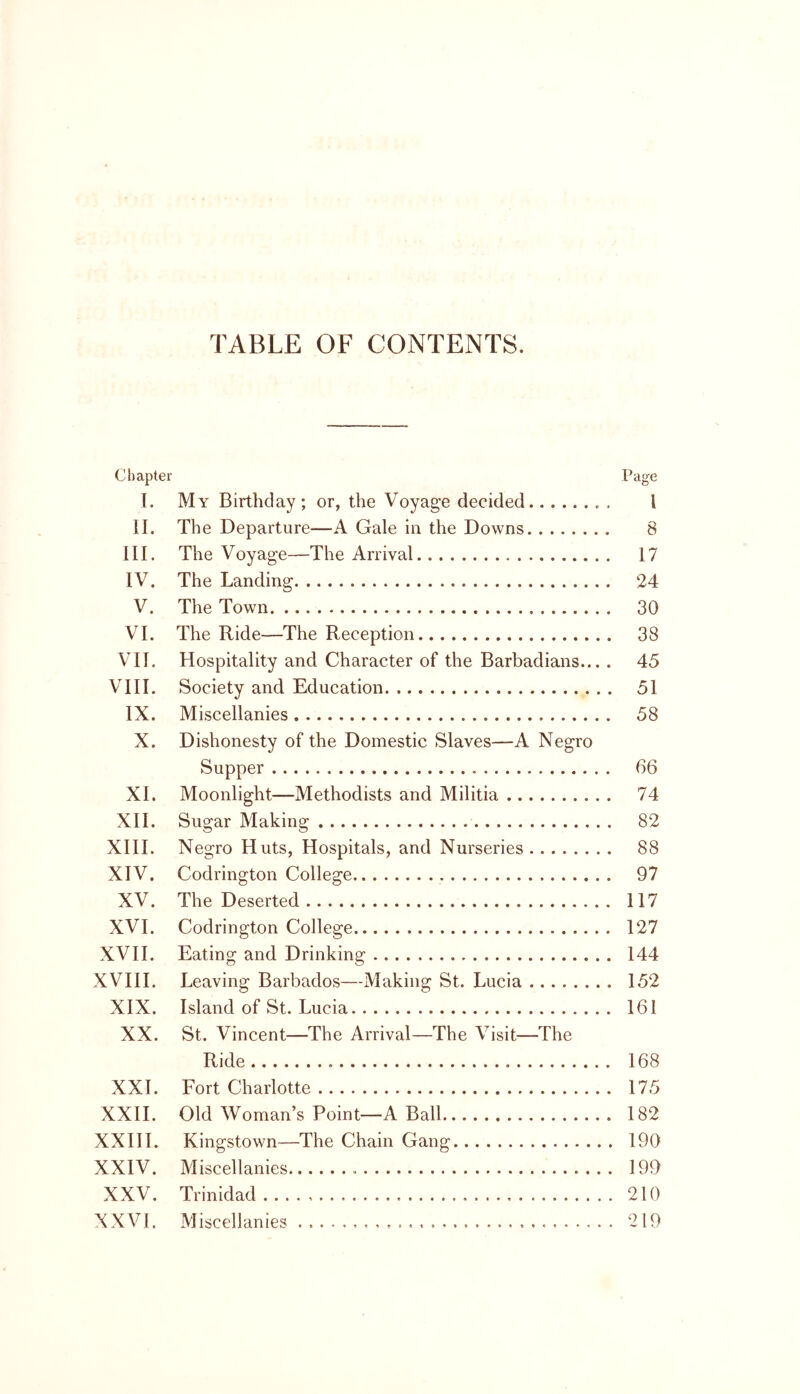 TABLE OF CONTENTS. Chapter Page I. My Birthday; or, the Voyage decided , . I II. The Departure—A Gale in the Downs 8 III. The Voyage—The Arrival 17 IV. The Landing 24 V. The Town 30 VI. The Ride—The Reception 38 VII. Hospitality and Character of the Barbadians... . 45 VIII. Society and Education 51 IX. Miscellanies 58 X. Dishonesty of the Domestic Slaves—A Negro Supper 66 XI. Moonlight—Methodists and Militia 74 XII. Sugar Making 82 XIII. Negro Huts, Hospitals, and Nurseries 88 XIV. Codrington College 97 XV. The Deserted 117 XVI. Codrington College. 127 XVII. Eating and Drinking 144 XVIII. Leaving Barbados—Making St. Lucia 152 XIX. Island of St. Lucia 161 XX. St. Vincent—The Arrival—The Visit—The Ride 168 XXI. Fort Charlotte 175 XXII. Old Woman’s Point—A Ball 182 XXIII. Kingstown—The Chain Gang 190 XXIV. Miscellanies 199 XXV. Trinidad 210 XXVI. Miscellanies . 219