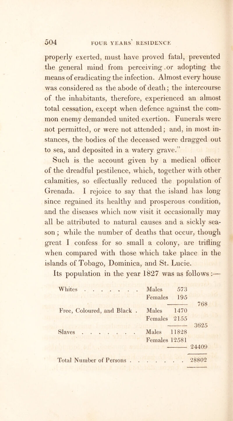 properly exerted, must have proved fatal, prevented the general mind from perceiving. or adopting the means of eradicating the infection. Almost every house was considered as the abode of death; the intercourse of the inhabitants, therefore, experienced an almost total cessation, except when defence against the com- mon enemy demanded united exertion. Funerals were not permitted, or were not attended; and, in most in- stances, the bodies of the deceased were dragged out to sea, and deposited in a watery grave.*’ Such is the account given by a medical officer of the dreadful pestilence, which, together with other calamities, so effectually reduced the population of Grenada. I rejoice to say that the island has long since regained its healthy and prosperous condition, and the diseases which now visit it occasionally may all be attributed to natural causes and a sickly sea- son ; while the number of deaths that occur, though great I confess for so small a colony, are trifling when compared with those which take place in the islands of Tobago, Dominica, and St. Lucie. Its population in the year 1827 was as follows :— Whites Males 573 / Females 195 768 Free, Coloured, and Black . Males 1470 Females 2155 3625 Slaves Males 11828 Females 12581 24409 Total Number of Persons . . • a • • • 28802