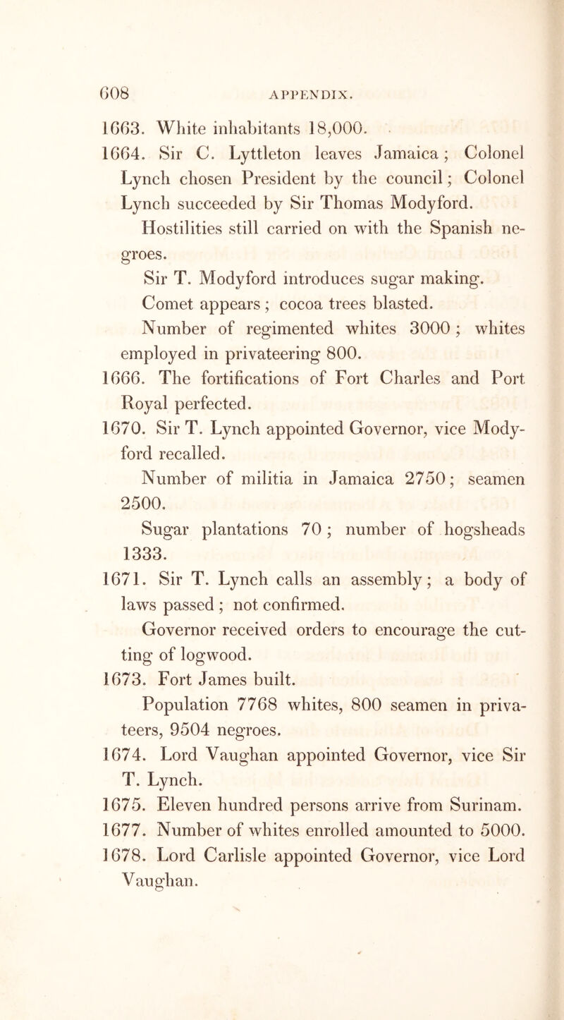 1663. White inhabitants 18,000. 1664. Sir C. Lyttleton leaves Jamaica; Colonel Lynch chosen President by the council; Colonel Lynch succeeded by Sir Thomas Modyford. Hostilities still carried on with the Spanish ne- groes. Sir T. Modyford introduces sugar making. Comet appears ; cocoa trees blasted. Number of regimented whites 3000; whites employed in privateering 800. 1666. The fortifications of Fort Charles and Port Royal perfected. 1670. Sir T. Lynch appointed Governor, vice Mody- ford recalled. Number of militia in Jamaica 2750; seamen 2500. Sugar plantations 70; number of hogsheads 1333. 1671. Sir T. Lynch calls an assembly; a body of laws passed ; not confirmed. Governor received orders to encourage the cut- ting of logwood. 1673. Fort James built. Population 7768 whites, 800 seamen in priva- teers, 9504 negroes. 1674. Lord Vaughan appointed Governor, vice Sir T. Lynch. 1675. Eleven hundred persons arrive from Surinam. 1677. Number of whites enrolled amounted to 5000. 1678. Lord Carlisle appointed Governor, vice Lord Vaughan.