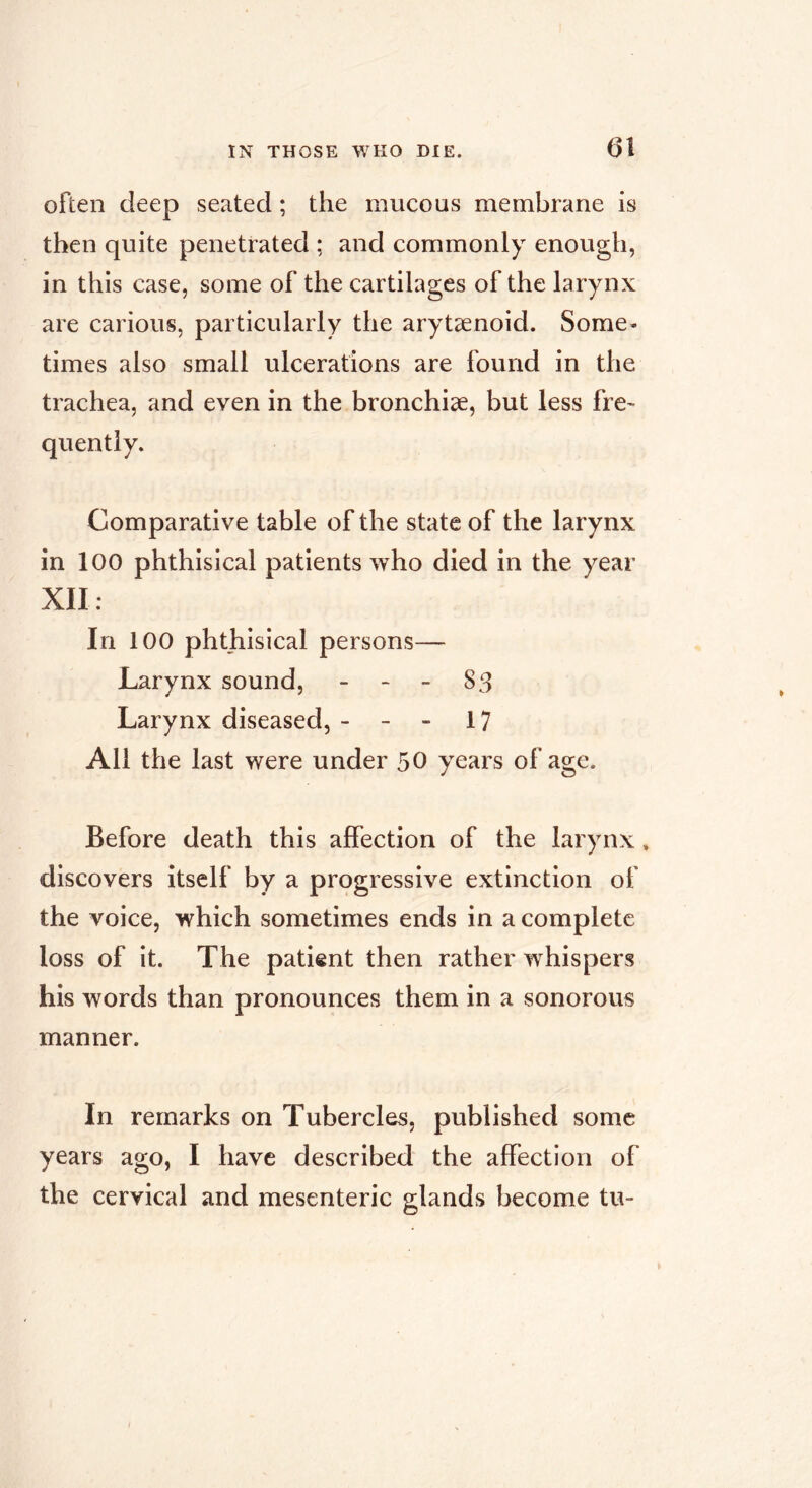 often deep seated ; the mucous membrane is then quite penetrated ; and commonly enough, in this case, some of the cartilages of the larynx are carious, particularly the arytænoid. Some- times also small ulcerations are found in the trachea, and even in the bronchiæ, but less frC' quentiy. Comparative table of the state of the larynx in loo phthisical patients who died in the year XII: In 100 phthisical persons— Larynx sound, - - - 83 Larynx diseased, - - - 17 All the last were under 50 years of age. Before death this affection of the larynx. discovers itself by a progressive extinction of the voice, which sometimes ends in a complete loss of it. The patient then rather whispers his words than pronounces them in a sonorous manner. In remarks on Tubercles, published some years ago, I have described the affection of the cervical and mesenteric glands become tu-