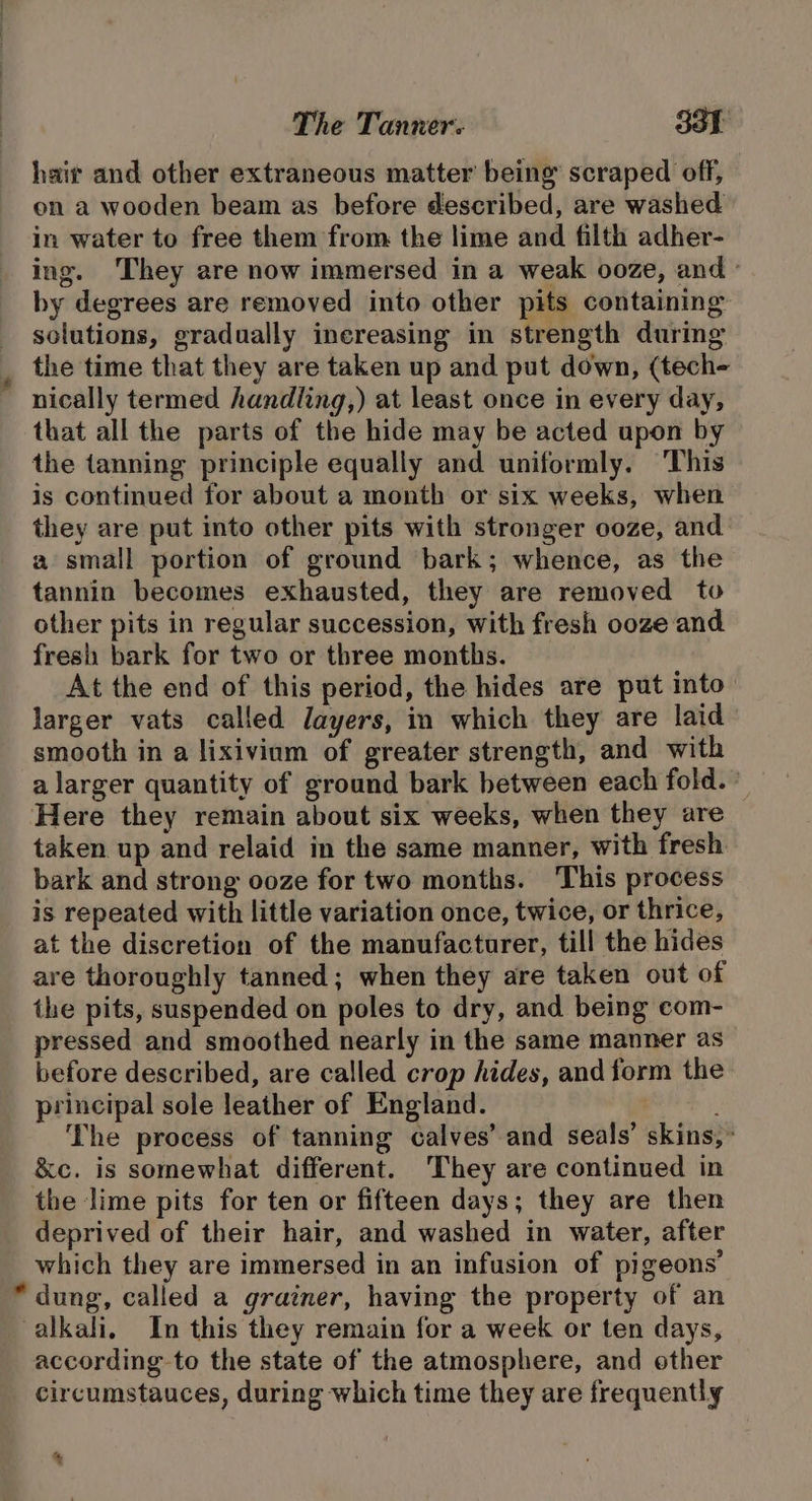 hair and other extraneous matter being scraped off, on a wooden beam as before described, are washed in water to free them from the lime and filth adher- ing. They are now immersed in a weak ooze, and - by degrees are removed into other pits containing solutions, gradually inereasing in strength during _ the time that they are taken up and put down, (tech- nically termed handling,) at least once in every day, that all the parts of the hide may be acted upon by the tanning principle equally and uniformly. This is continued for about a month or six weeks, when they are put into other pits with stronger ooze, and a small portion of ground bark; whence, as the tannin becomes exhausted, they are removed to other pits in regular succession, with fresh ooze and fresh bark for two or three months. At the end of this period, the hides are put into larger vats called layers, in which they are laid smooth in a lixivinm of greater strength, and with a larger quantity of ground bark between each fold.» Here they remain about six weeks, when they are taken up and relaid in the same manner, with fresh bark and strong ooze for two months. ‘This process is repeated with little variation once, twice, or thrice, at the discretion of the manufacturer, till the hides are thoroughly tanned; when they are taken out of the pits, suspended on poles to dry, and being com- pressed and smoothed nearly in the same manner as before described, are called crop hides, and form the principal sole leather of England. The process of tanning calves’ and seals’ skins,» &amp;c. is somewhat different. ‘They are continued in the lime pits for ten or fifteen days; they are then deprived of their hair, and washed in water, after which they are immersed in an infusion of pigeons’ * dung, called a grainer, having the property of an alkah. Im this they remain for a week or ten days, according to the state of the atmosphere, and other circumstauces, during which time they are frequently ‘ %