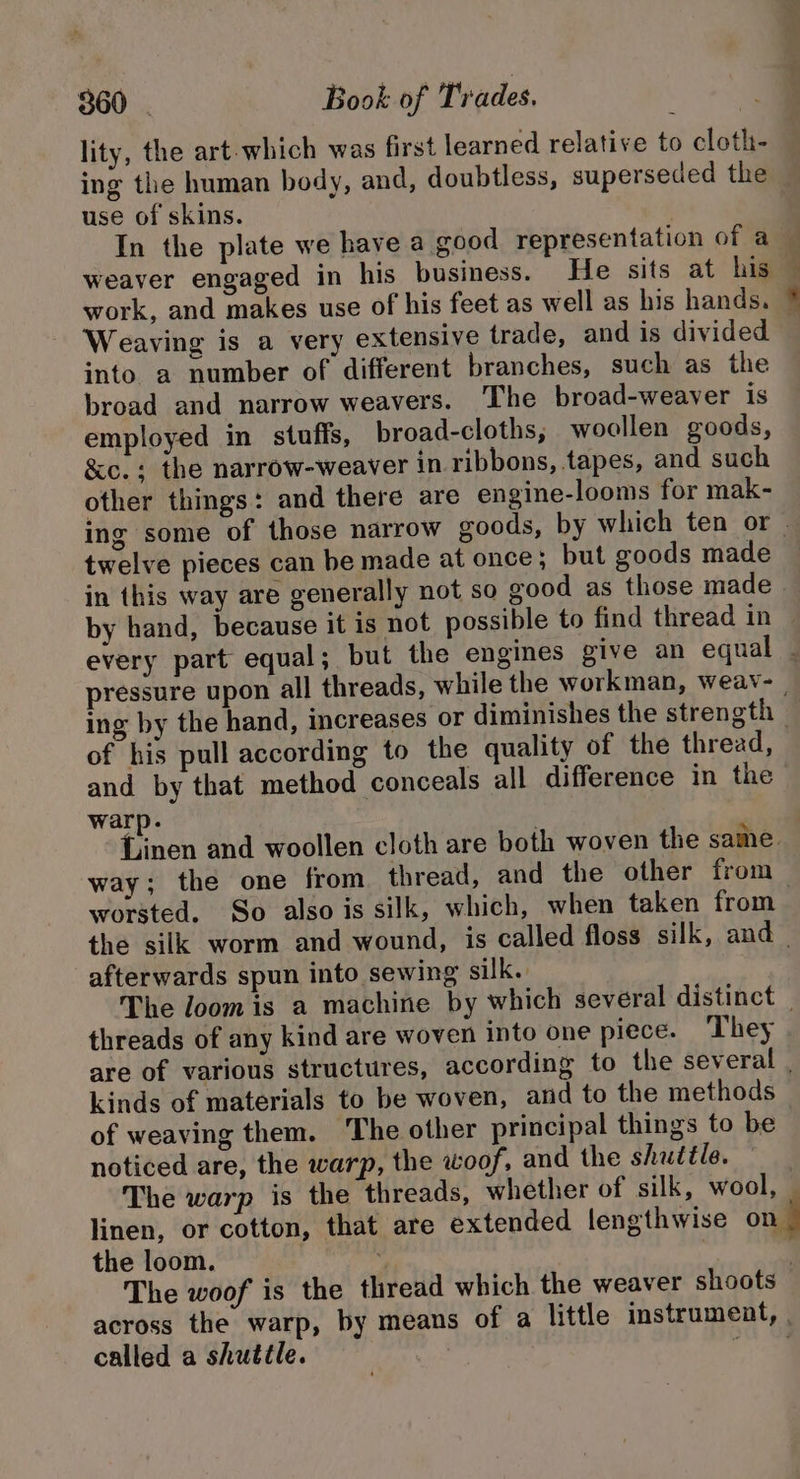 lity, the art- which was first learned relative to cloth- ing the human body, and, doubtless, superseded the use of skins. work, and makes use of his feet as well as his hands. Weaving is a very extensive trade, and is divided into a number of different branches, such as the broad and narrow weavers. The broad-weaver is employed in stuffs, broad-cloths, woollen goods, &amp;c.; the narrow-weaver in ribbons, tapes, and such other things: and there are engine-looms for mak- : twelve pieces can be made at once; but goods made in this way are generally not so good as those made of his pull according to the quality of the thread, and by that method conceals all difference in the warp. | Linen and woollen cloth are both woven the same. way; the one from thread, and the other from worsted. So also is silk, which, when taken from afterwards spun into sewing silk. threads of any kind are woven into one piece. They kinds of materials to be woven, and to the methods of weaving them. The other principal things to be noticed are, the warp, the woof, and the shuttle. The warp is the threads, whether of silk, wool, linen, or cotton, that are extended lengthwise on the loom. iy 3 The woof is the thread which the weaver shoots called a shuttle.