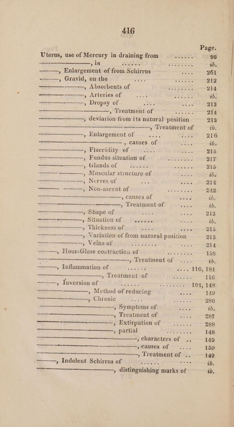 Page. Uterus, use of Mercury in draining from SRO 95 , ia Pty Reds Sinemet: ab. » Enlargement of from Schirrus creat 261 __—, Gravid, on the ok eR ONAN O0&gt;c 212 , Absorbents of 222 Ge, 214 —— —_~, Arteries of Sie. TUPLE Oe aD. » Dropsy of 19) I, 6 213 —__-+_—_—_—., Treatment of YT ———, deviation from its natural position 213 Hoenn eae eS 3 Pile ——- ; Treatment of 1b. ——_—-, Enlargement of pe oO 216 » Causes of ipl Seve ab. + -, Flaccidity of B98. SB. i: 215 &gt;, Funds: situation efjin| weltoogiee® 217 ———___-_——., Glands. of RO ROTBIS Oe enieesis 215 —— —————., Muscular structure of ZG He ibe ——., Nerves of Stet 28 214 ——— -——, Non-ascent of Bet trite 242 —____- &gt; causes of TY ae ib. ——_ - , Treatment of — ib. sti Shape of: MAG? oo 3 213 + ——_—_—., Situation of Reins wwe é ab. —_——, Thickness of sth blé ween 2 , Variation of from natural position 213 —— +, Velnsrofimtial te seats art 214 ——, Hour-Glass contraction of ws we eg 158 a -, Treatment of ab , Inflammation of —...... oe os S16, TS ———. —_—- y Treatmentitofisos 0 ssrme&gt;, 116 &gt; duimersionea€ 221M, og) oop ———— arr 104, 148 ——, Method of reducing’ Soa 149 — A, Chronic cha itd nal Bereyisers sy 286 — , Symptoms of aE ab. a, Treatment of A1G3 287 a ee) Exti¢pation of ——.+. &gt;. ; 288 as » partial. PPB AOD, 148 Characters of — 5. 149 SO, causes of 150. teas ——, Treatment of .. 149 » Indolent Schirrus of eS, Ce ree ab. eee eemmenee » distinguishing marks of ab,