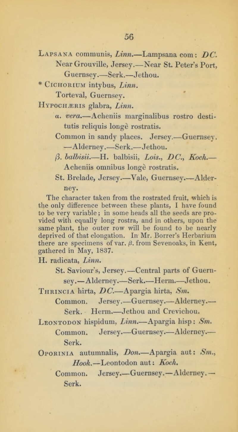 Lapsana communis, Linn.—Lampsana com: DC. Near Grouville, Jersey.—Near St. Peter’s Port, Guernsey.—Serk.—Jethou. * CiCHOHiUM intybus, Linn. Torteval, Guernsey. HypochjERIS glabra, Linn. a. vera.—Aclieniis marginalibus rostro desti- tutis reliquis longe rostratis. Common in sandy places. Jersey.—Guernsey. —Alderney.—Serk.—Jethou. /3. balbisii.—H. balbisii, Lois., DC., Koch.— Aclieniis omnibus longe rostratis. St. Brelade, Jersey.—Vale, Guernsej^ Alder- ney. The character taken from the rostrated fruit, which is the only difference between these plants, I have found to be very variable; in some heads all the seeds are pro- vided with equally long rostra, and in others, upon the same plant, the outer row will be found to be nearly deprived of that elongation. In Mr. Borrer’s Herbarium there are specimens of var. /3. from Sevenoaks, in Kent, gathered in May, 1837. H. radicata, Linn. St. Saviour’s, Jersey.—Central parts of Guern- sey.—Alderney.—Serk.—Herni.—Jethou. Thrincia hirta, DC.—Apargia hirta, Sjii. Common. Jersey.—Guernsey.—Alderney.— Serk. Herm.—Jethou and Crevichou. Leontodon hispidum, Linn.—Apargia hisp: Sm. Common. Jersey—Guernsey.—Alderney.— Serk. Oporinia autumnalis. Doji.—Apargia aut: Sm., Hook.—Leontodon aut: Koch. Common. Jersey—Guernsey.—Alderney. —