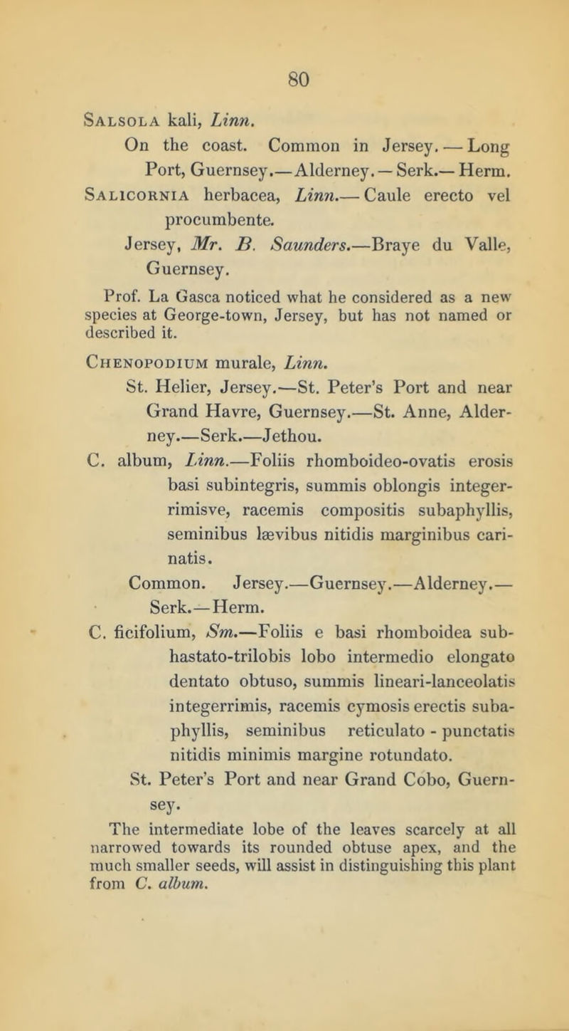 Salsola kali, Linn. On the coast. Common in Jersey. — Long Port, Guernsey.—Alderney. — Serk.— Herm. Salicornia herbacea, Linn Caule erecto vel procumbente. Jersey, Mr. B. Saunders.—Braye du Valle, Guernsey. Prof. La Gasca noticed what he considered as a new species at George-town, Jersey, but has not named or described it. Chenopodium murale, Linn. St. Helier, Jersey.—St. Peter’s Port and near Grand Havre, Guernsey.—St. Anne, Alder- ney—Serk.—J ethou. C. album, Linn.—Folds rhomboideo-ovatis erosis basi subintegris, summis oblongis integer- rimisve, racemis compositis subaphyllis, seminibus laevibus nitidis marginibus cari- natis. Common. J ersey.—Guernsey.—A Iderney. — Serk.—Herm. C. ficifolium, Sm.—Folds e basi rhomboidea sub- hastato-trilobis lobo intermedio elongate dentato obtuso, summis lineari-lanceolatis integerrimis, racemis cymosis erectis suba- phyllis, seminibus reticulato - punctatis nitidis minimis margine rotundato. St. Peter’s Port and near Grand Cobo, Guern- sey. The intermediate lobe of the leaves scarcely at all narrowed towards its rounded obtuse apex, and the much smaller seeds, will assist in distinguishing this plant from C. album.