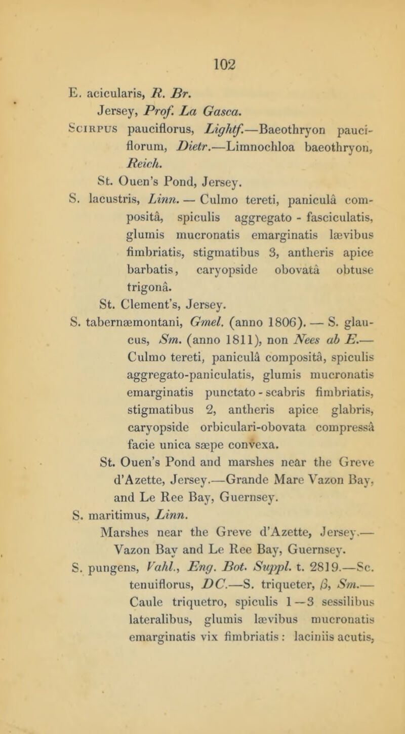 E. acicularis, R. Br. Jersey, Prof. La Gasca. SciRPUs pauciflorus, Light/.—Baeothryon pauci- florura, Dietr.—Liranochloa baeothryon, Reich. St. Ouen’s Pond, Jersey. S. lacustris, Lmn. — Culmo tereti, panicula com- posita, spiculis aggregate - fasciculatis, glurnis mucronatis emarginatis Ijevibus fiinbriatis, stigmatibus 3, antheris apice barbatis, caryopside obovata obtuse trigona. St. Clement’s, Jersey. S. tabernaemontani, Gmel. (anno 1806). — S. glau- cus, Sm. (anno 1811), non Nees ah E.— Culmo tereti, paniculA composita, spiculis aggregato-paniculatis, glurnis mucronatis emarginatis punctate - scabris fimbriatis, stigmatibus 2, antheris apice glabris, caryopside orbiculari-obovata compressii facie unica saepe convexa. St. Ouen’s Pond and marshes near the Greve d’Azette, Jersey.—Grande Mare Vazon Bay, and Le Ree Bay, Guernsey. S. maritimus, Linn. Marshes near the Greve d’Azette, Jersey.— Vazon Bay and Le Ree Bay, Guernsey. S. pungens, Vahl., Eng. Bot. Supjil. t. 2819.—Sc. tenuiflorus, DC.—S. triqueter, 0, Sm.— Caule triquetro, spiculis 1 —3 sessilibus latcralibus, glurnis Imvibus mucronatis emarginatis vix fimbriatis : laciniis acutis,