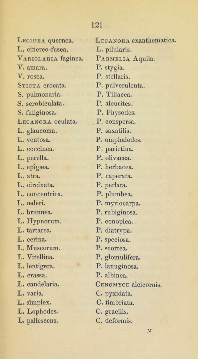 Lecidea quernea. L. cinereo-fusca. Variolaria faginea. V. amara. V. rosea. Sticta crocata. S. pulmonaria. S. sci’obiculata. S. fuliginosa. Lecanora oculata. L. glaucoma. L. ventosa. L. coccinea. L. perella. L. epigaea. L. atra. L. circinata. L. concentrica. L. oederi. L. brunnea. L. Hypnorum. L. tartarea. L. cerina. L. Muscorum. L. Vitellina. L. lentigera. L. crassa. L. Candelaria. L. varia. L. simplex. L. Lophodes. L. pallescens. Lecanora exanthematica. L. pilularis. Parmelia Aquila. P. stygia. P. stellaris, P. pulverulenta. P. Tiliacea. P. aleurites. P. Physodes. ^ P. conspersa. P. saxatilis. P. omphalodes. P. parietina. P. olivacea. P. herbacea. P. caperata. P. perlata. P. plumbea. P. myriocarpa. P. rubiginosa. P. conoplea. P. diatrypa. P. speciosa. P. scortea. P. glomulifera. P. lanuginosa. P. albinea. Cenomyce alcicornis. C. pyxidata, C. fimbriata. C. gracilis. C. deformis. M