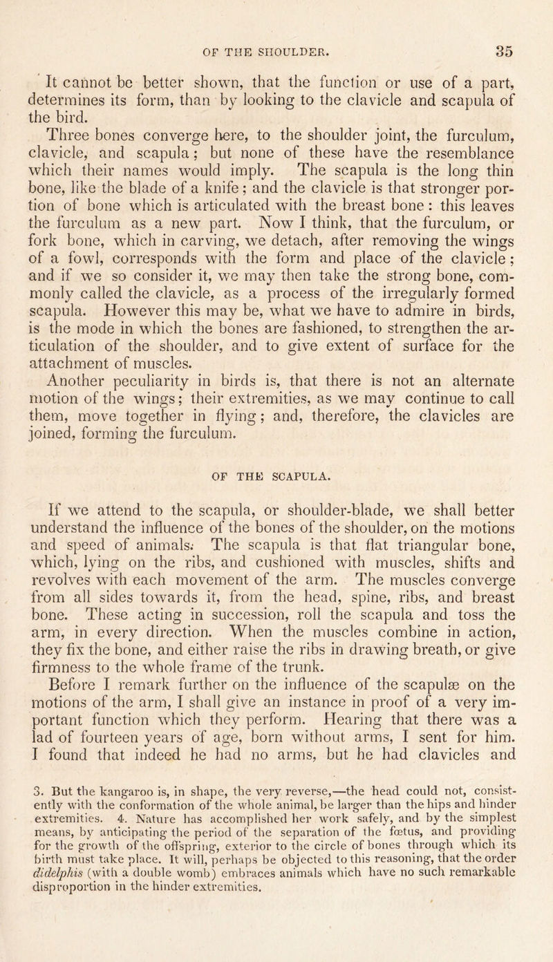 It cannot be better shown, that the function or use of a part, determines its form, than by looking to the clavicle and scapula of the bird. Three bones converge here, to the shoulder joint, the furculum, clavicle, and scapula; but none of these have the resemblance which their names would imply. The scapula is the long thin bone, like the blade of a knife; and the clavicle is that stronger por- tion of bone which is articulated with the breast bone : this leaves the furculum as a new part. Now I think, that the furculum, or fork bone, which in carving, we detach, after removing the wings of a fowl, corresponds with the form and place of the clavicle; and if we so consider it, we may then take the strong bone, com- monly called the clavicle, as a process of the irregularly formed scapula. However this may be, what w^e have to admire in birds, is the mode in which the bones are fashioned, to strengthen the ar- ticulation of the shoulder, and to give extent of surface for the attachment of muscles. Another peculiarity in birds is, that there is not an alternate motion of the wings; their extremities, as we may continue to call them, move together in flying; and, therefore, the clavicles are joined, forming the furculum. OF THE SCAPULA. If we attend to the scapula, or shoulder-blade, we shall better understand the influence of the bones of the shoulder, on the motions and speed of animals: The scapula is that flat triangular bone, which, lying on the ribs, and cushioned with muscles, shifts and revolves with each movement of the arm. The muscles converge from all sides towards it, from the head, spine, ribs, and breast bone. These acting in succession, roll the scapula and toss the arm, in every direction. When the muscles combine in action, they fix the bone, and either raise the ribs in drawing breath, or give firmness to the whole frame of the trunk. Before I remark further on the influence of the scapulse on the motions of the arm, I shall give an instance in proof of a very im- portant function which they perform. Hearing that there was a lad of fourteen years of age, born without arms, I sent for him. I found that indeed he had no arms, but he had clavicles and 3. But the kangaroo is, in shape, the very reverse,—the head could not, consist- ently with the conformation of the whole animal, be larger than the hips and liinder extremities. 4. Nature has accomplished her work safely, and by the simplest means, by anticipating the period of the separation of the foetus, and providing for the growth of the oflspring, exterior to the circle of bones through which its birth must take place. It will, perhaps be objected to this reasoning, that the order didelphis (with a double womb) embraces animals which have no such remarkable disproportion in the hinder extremities.