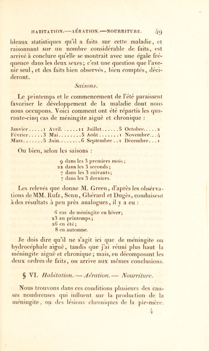 HABITATION. AERATION. NOURBITUBE. /jQ bleaux statistiques qu’il a faits sur cette maladie, et raisonnant sur un nombre considérable de faits, est arrivé à conclure qu elle se montrait avec une égale fré- quence dans les deux sexes; c’est une question que l’ave- nir seul, et des faits bien observés, bien comptés, déci- deront. Saisons. Le printemps et le commencement de l’été paraissent favoriser le développement de la maladie dont nous nous occupons. Voici commentent été répartis les qua- rante-cinq cas de méningite aiguë et chronique : Janvier i Avril 11 Juillet 5 Octobre 2 Février 3 Mai 5 Août i Novembre... 4 Mars 5 Juin 6 Septembre..! Décembre...! Ou bien, selon les saisons : 9 dans les 3 premiers mois ; 22 dans les 3 seconds; 7 dans les 3 suivants; 7 dans les 3 derniers. Les relevés que donne M. Green, d’après les observa- tions de MM. Rufz, Senn, Gbérard et Dugès, conduisent à des résultats à peu près analogues, il y a eu : 6 cas de méningite en hiver; 23 au printemps; 26 en été ; 8 en automne. Je dois dire qu’il ne s’agit ici que de méningite ou hydrocéphale aiguë, tandis que j’ai réuni plus haut la méningite aiguë et chronique; mais, en décomposant les deux ordres de faits, oti arrive aux mêmes conclusions. § VL Habitation. — Aération.— Nourriture. Nous trouvons dans ces conditions plusieurs des cau- ses nombreuses qui influent sur la production de la méningite, ou des lésions chronicpies do la pie-mère.