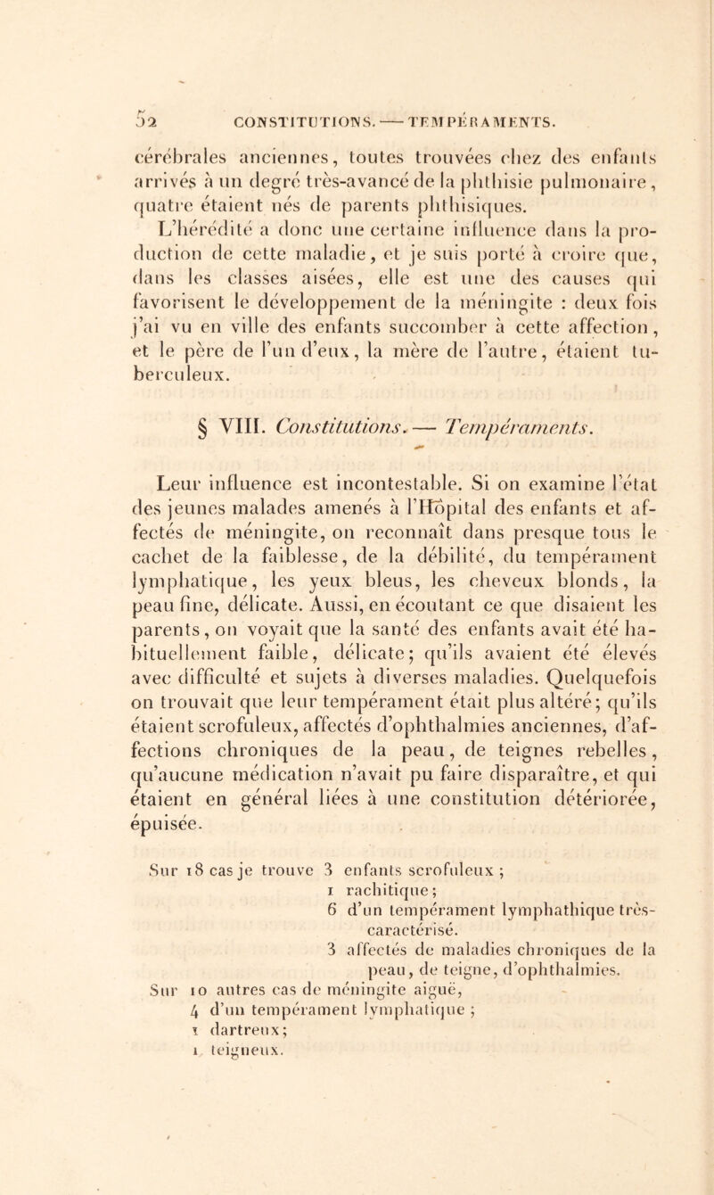 CONSTITIJTIOINS, TEMPKHAMENTS. r :)2 cérébrales anciennes, toutes trouvées chez des enflnils arrivés à un degré très-avancé de la phthisie [)ulnionaire , quatre étaient nés de parents plithisl({ues. L’hérédité a donc une certaine inlluence dans la pro- duction de cette maladie, et je suis porté à croire ([ue, dans les classes aisées, elle est nue des causes qui favorisent le développement de la méningite : deux fois j’ai vu en ville des enfants succomber à cette affection, et le père de l’un d’eux, la mère de l’autre, étaient tu- berculeux. § Vin. Constitutions. — Tempéraments. Leur influence est incontestable. Si on examine l’état des jeunes malades amenés à l’Hôpital des enfants et af- fectés (le méningite, on reconnaît dans presque tous le cachet de la faiblesse, de la débilité, du tempérament lymphatique, les yeux bleus, les cheveux blonds, la peaufine, délicate. Aussi, en écoutant ce que disaient les parents, oti voyait que la santé des enfants avait été ha- bituellement faible, délicate; qu’ils avaient été élevés avec difficulté et sujets à diverses maladies. Quelquefois on trouvait que leur tempérament était plus altéré; qu’ils étaient scrofuleux, affectés d’ophthalmies anciennes, d’af- fections chroniques de la peau, de teignes rebelles, qu’aucune médication n’avait pu faire disparaître, et qui étaient en général liées à une constitution détériorée, épuisée. Sur iScasje trouve 3 enfants scrofuleux ; I rachitique; 6 d’un tempérament lymphathique très- caractérisé. 3 affectés de maladies chroniques de la peau, de teigne, d’ophthaîmies. Sur 10 autres cas de méningite aiguë, 4 d’un tempérament lymphatique ; T. dartrenx;