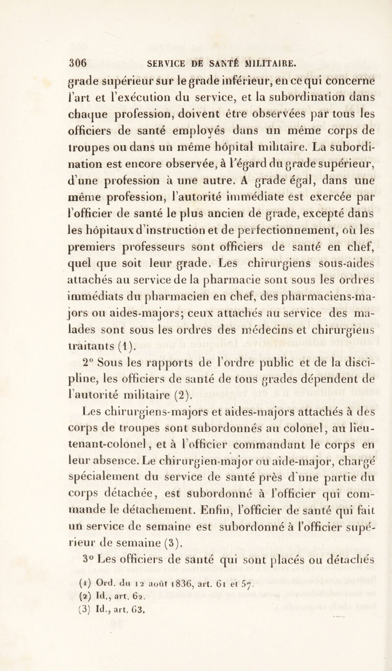 grade supérieur sur le grade inférieur, en ce qui concerne l’art et l’exécution du service, et la subordination dans chaque profession, doivent être observées par tous les officiers de santé employés dans un même corps de troupes ou dans un même hôpital militaire. La subordi- nation est encore observée, à Légard du grade supérieur, d’une profession à une autre. A grade égal, dans une même profession, l’autorité immédiate est exercée par l’officier de santé le plus ancien de grade, excepté dans les hôpitaux d’instruction et de perfectionnement, où les premiers professeurs sont officiers de santé en chef, quel que soit leur grade. Les chirurgiens sous-aides attachés au service de la pharmacie sont sous les ordres immédiats du pharmacien en chef, des pharmaciens-ma- jors ou aides-majors; ceux attachés au service des ma- lades sont sous les ordres des médecins et chirurgiens traitants (1). 2° Sous les rapports de l’ordre public et de la disci- pline, les officiers de santé de tous grades dépendent de l’autorité militaire (2). Les chirurgiens-majors et aides-majors attachés à des corps de troupes sont subordonnés au colonel, au lieu- tenant-colonel , et à l’officier commandant le corps en leur absence. Le chirurgien-major ou aide-major, chargé spécialement du service de santé près d une partie du corps détachée, est subordonné à fofficier qui com- mande le détachement. Enfin, l’officier de santé qui fait un service de semaine est subordonné à l’officier supé- rieur de semaine (3). 30 Les officiers de santé qui sont placés ou détachés (1) Ord. du 12 aoûl i836, art. 6i et 5^. (2) Id., art. 62. (3) Id., art. 63.