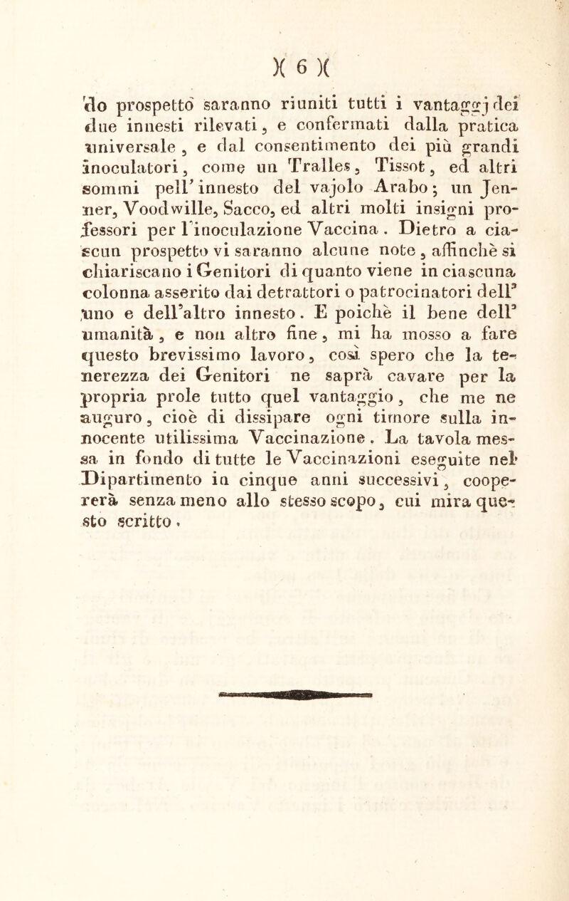 ciò prospetto saranno riuniti tutti i vantaij dei due innesti rilevati, e confermati dalla pratica universale , e dal consentimento dei pia grandi inoculatori, come un Traile?, Tissot, ed altri sommi peli’innesto del vajolo Arabo; un Jen- ner, Voodwille, Sacco, ed altri molti insigni pro- fessori per l inoculazione Vaccina . Dietro a cia- scun prospetto vi saranno alcune note , affinchè si chiariscano i Genitori di quanto viene in ciascuna colonna asserito dai detrattori o patrocinatori dell3 •uno e dell’altro innesto. E poiché il bene dell3 umanità , e non altro fine, mi ha mosso a fare questo brevissimo lavoro, cosi spero che la te- nerezza, dei Genitori ne saprà cavare per la propria prole tutto quel vantaggio , che me ne auguro, cioè di dissipare ogni timore sulla in- nocente utilissima Vaccinazione. La tavola mes- sa in fondo di tutte le Vaccinazioni eseguite nel* Dipartimento in cinque anni successivi 5 coope- rerà senza meno allo stessoscopo, cui mira que- sto scritto.