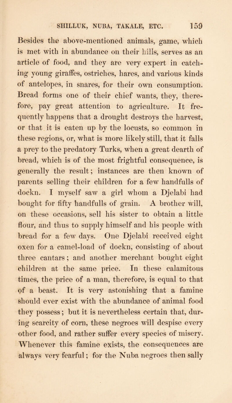 Besides the above-mentioned animals, game, which is met with in abundance on their hills, serves as an article of food, and they are very expert in catch¬ ing young giraffes, ostriches, hares, and various kinds of antelopes, in snares, for their own consumption. Bread forms one of their chief wants, they, there¬ fore, pay great attention to agriculture. It fre¬ quently happens that a drought destroys the harvest, or that it is eaten up by the locusts, so common in these regions, or, what is more likely still, that it falls a prey to the predatory Turks, when a great dearth of bread, which is of the most frightful consequence, is generally the result; instances are then known of parents selling their children for a few handfulls of dockn. I myself saw a girl whom a Djelabi had bought for fifty handfulls of grain. A brother will, on these occasions, sell his sister to obtain a little flour, and thus to supply himself and his people with bread for a few days. One Djelabi received eight oxen for a camel-load of dockn, consisting of about three cantars; and another merchant bought eight children at the same price. In these calamitous times, the price of a man, therefore, is equal to that of a beast. It is very astonishing that a famine should ever exist with the abundance of animal food they possess; but it is nevertheless certain that, dur¬ ing scarcity of corn, these negroes will despise every other food, and rather suffer every species of misery. Whenever this famine exists, the consequences are always very fearful; for the Nuba negroes then sally