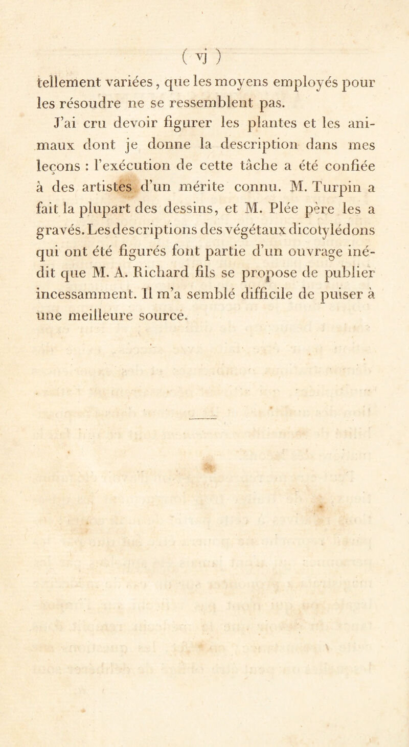 tellement variées, que les moyens employés pour les résoudre ne se ressemblent pas. J’ai cru devoir figurer les plantes et les ani¬ maux dont je donne la description dans mes leçons : l’exécution de cette tâche a été confiée J à des artistes d’un mérite connu. M. Turpin a fait la plupart des dessins, et M. Plée père les a gravés. Les descriptions des végétaux dicotylédons qui ont été figurés font partie d’un ouvrage iné¬ dit que M. A. Richard fils se propose de publier incessamment. Il m’a semblé difficile de puiser à une meilleure source.