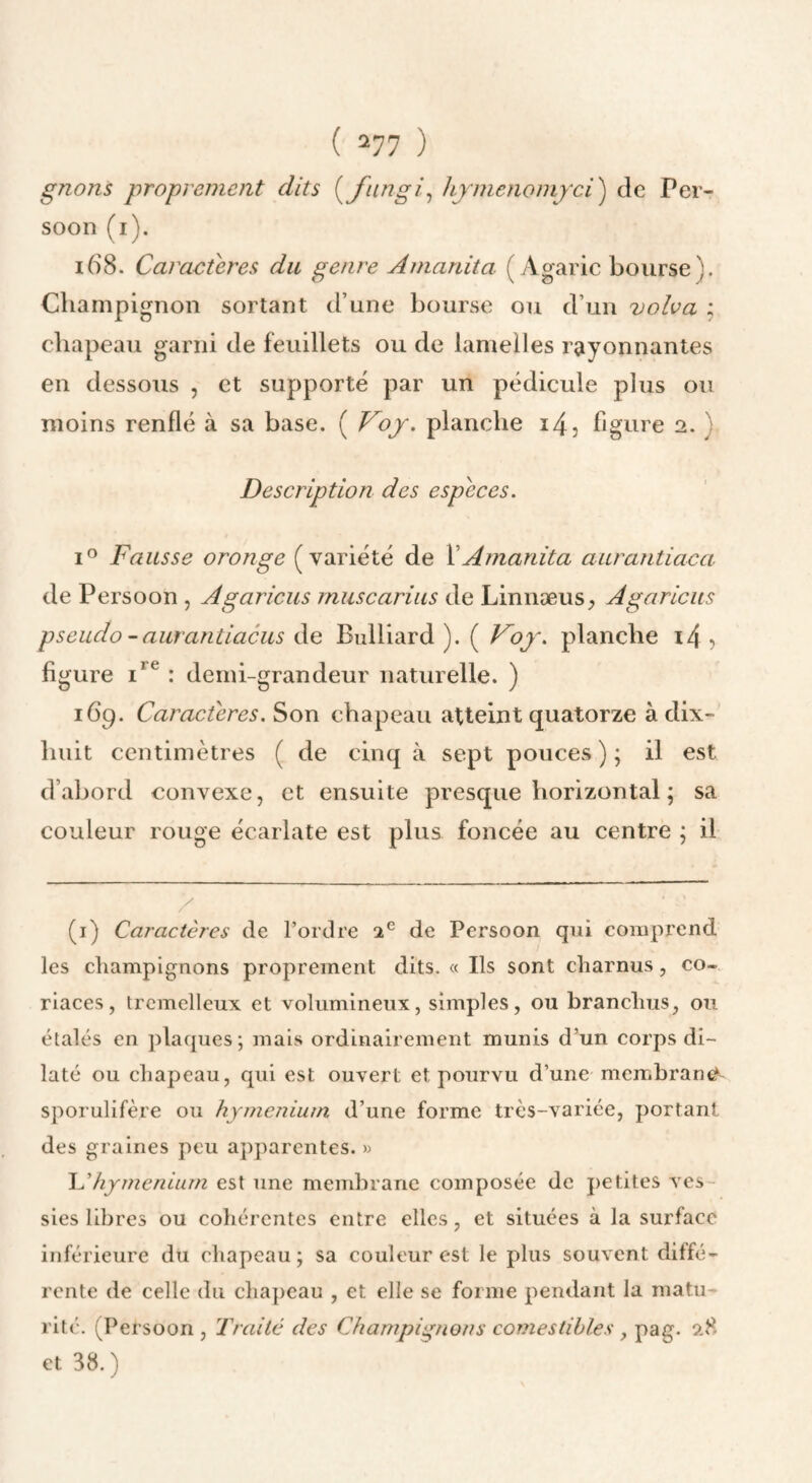 ( ^77 ) gnons proprement dits [fiingi^ lijmenomjci') de Per- soon (i). 168. Caractères du genre Amanita ( Agaric bourse). Champignon sortant d’une bourse ou d’un volva ; chapeau garni de feuillets ou de lamelles rayonnantes en dessous , et supporté par un pédicule plus ou moins renflé à sa base. ( J^oj. planche i4, figure 2. j Description des especes. I® Fausse oronge (variété de XAmanita aurantiaca de Persoon , Agaricus rnuscariiis de Linnæus^ Agaricus pseuclo - aurantiacus de Bulliard ). ( Voj. planche i4 5 figure : demi-grandeur naturelle. ) 169. Caractères. Son chapeau atteint quatorze à dix- huit centimètres ( de cinq à sept pouces ) ; il est d’abord convexe, et ensuite presque horizontal ; sa couleur rouge écarlate est plus foncée au centre ; il (i) Caractères de l’ordre 2® de Persoon qui comprend / les champignons proprement dits. « Ils sont charnus, co¬ riaces, trcmelleux et volumineux, simples, ou branchus, ou étalés en plaques; mais ordinairement munis d’un corps di¬ laté ou chapeau, qui est ouvert et pourvu d’une membrane- sporulifère ou hymeniurn d’une forme très-variée, portant des graines peu apparentes. » JC hyménium est une membrane composée de j)etites ves¬ sies libres ou cohérentes entre elles, et situées à la surface inférieure du chapeau ; sa couleur est le plus souvent diffé¬ rente de celle du chapeau , et elle se forme pendant la matu¬ rité. (^Persoon , Traité des Champii^nons comestibles , pag. 28 et 38.)