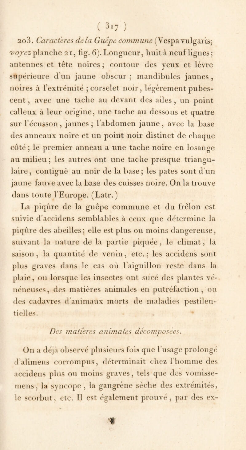 203. Caractères delà Guêpe commune (Vespavulgaris; 'noyez planche 21, fig. 6). Longueur, huit à neuf lignes; antennes et tête noires ; contour des yeux et lèvre supérieure d’un jaune obscur ; mandibules jaunes , noires à l’extrémité ; corselet noir, légèrement pubes- cent, avec une tache au devant des ailes , un point calleux à leur origine, une tache au dessous et quatre sur l’écusson, jaunes; l’abdomen jaune, avec la base des anneaux noire et un point noir distinct de chaque côté ; le premier anneau a une tache noire en losange au milieu; les autres ont une tache presque triangu¬ laire , contiguë au noir de la base ; les pâtes sont d’un jaune fauve avec la base des cuisses noire. On la trouve dans toute l’Europe. (Latr. ) La piqûre de la guêpe commune et du frêlon est suivie d’accidens semblables à ceux que détermine la piqûre des abeilles; elle est plus ou moins dangereuse, suivant la nature de la partie piquée, le climat, la saison, la quantité de venin, etc. ; les accidens sont plus graves dans le cas oû l’aiguillon reste dans la plaie, ou lorsque les insectes ont sucé des plantes vé¬ néneuses, des matières animales en putréfaction, ou des cadavres d’animaux morts de maladies pestilen¬ tielles. Des matières animales décomposées. On a déjà observé plusieurs fois que l’usage prolongé d’aliinens corrompus, déterminait chez rhoinme des accidens plus ou moins graves, tels que des vomisse- tnens, la syncope, la gangrène sèche des extrémités, le scorbut, etc. 11 est également prouvé , par des ex- f