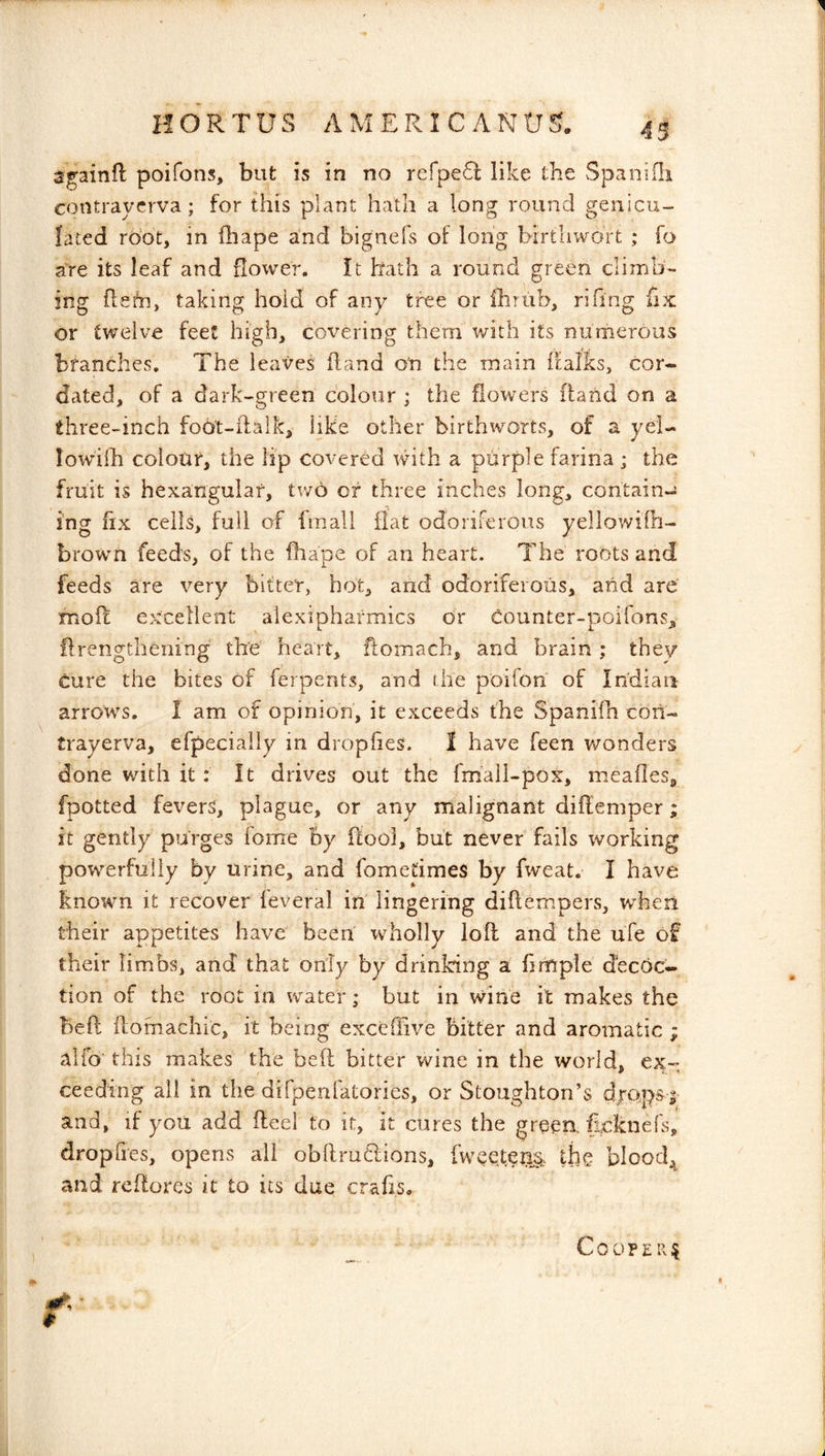contraycrva ; for this plant hath a long round genicu- lated root, in iliape and bignefs of long birthwort ; fo are its leaf and flower. It hath a round green dimb- ing flefn, taking hold of any tree or fhriib, rifing fix: or twelve feet high, covering them ivith its numerous branches. The leaves hand On the main halks, cor- dated, of a dark-green colour ; the flowers fland on a three-inch foOt-idalk, like other birthworts, of a yel- lowilh colour, the lip covered with a phrple farina ; the fruit is hexangulaf, tv/o or three inches long, contain- ing fix ceils, full of fmall flat odorirerous yellowifh- brown feeds, of the fiiape of an heart. The roots and feeds are very bitter, hot, and odoriferous, and are moft excellent alexipharmics or Counter-potions, flrengthening the heart, ftomach, and brain ; they cure the bites of ferpents, and the poifon of Indian arrows, I am of opinion, it exceeds the Spaniih cori- trayerva, efpecially in dropiies. 1 have feen wonders done with it: It drives out the fmail-pox, meafles, fpotted fevers, plague, or any malignant diffemper; it gently purges fome By ftooi, but never fails working powerfully by urine, and fometimes by fweat. I have known it recover feveral in lingering diftempers, wheri their appetites have been wholly loll and the ufe of their limbs, and that only by drinking a hmple decoc- tion of the root in water; but in wine it makes the bed ilomachic, it being excelTive bitter and aromatic ; alfo' this makes the bed bitter wine in the world, ex- ceeding all in the difpenfatorics, or Stoughton’s dropsy and, if you add deel to it, it cures the green, ficknefs, dropfies, opens all obdrudions, fweeteiij, the blood;, and redores it to its due crabs.