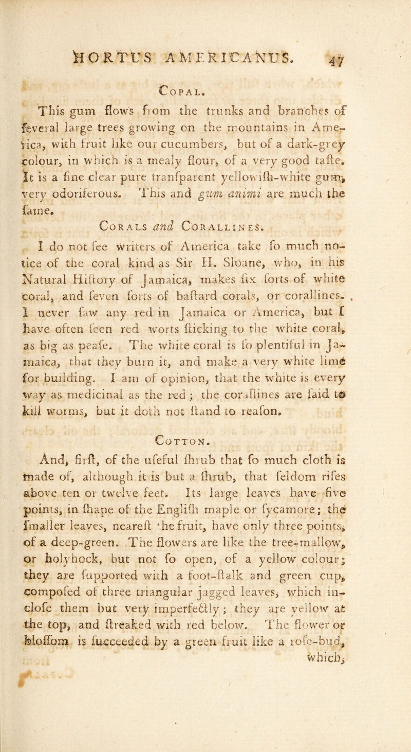'HORT'US AM£Rr€ANUS. Copal. This gum flows from the trunks and branches of fhvcral large trees growing on the moantains in Ame- rica, with fruit like our cucumbers, but of a dark-grey colour, in which is a mealy flour> of a very good tafte. It is a fine clear pure tranfparent yellowifh-white gum^ very odoriferous. This and gum animi are much the fame. Corals Corallines. I do not lee writers of America take fo much no- tice of the coral kind as Sir H, SiOane, who, in his Natural Hiilory of jamaica^ makes fix forts of white coral, and fevcn forts of baftard corals, or corallines. , 1 never faw any red in jamaica or Americaj, but I have often leen red worts fticking to the white corah as big as peafe. The white coral is lo plentilul in Ja- maica, that they burn it, and make a very white lime for building. I am of opinion, that the Vvdiite is every way as medicinal as the rcd ; the corallines are laid t6 kill worms, but it doth not Hand to realon. f Cotton. Andj hill, of the ufeful Hiiub that fo much cloth is fnade of, although it is but a ilirub, that feidom rifes above ten or twelve feeti Its large leaves have five points, in fbape of the Englifb maple or fycamore; the fmalier leaves, nearefl die fruit, have only three points, of a deep-green. The flowers are like the tree-mallow^ or holy hock, but not fo open, of a yellow colour; they are lupported with a foot-fialk and green cup,; compofed ot three triangular jagged leaves, which in- ciofe them but very imperfebliy ; they are yellow afc the top, and flreaked with red beloiv. The flower or Moffom is fucceeded by a green fruit like a role-bud, whicbi