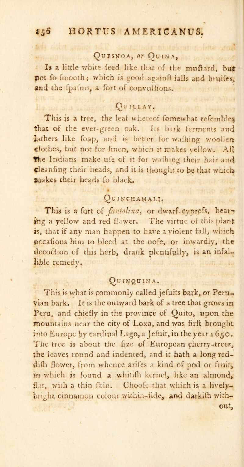 t * Quesnoa, or OuiNA, Is a little white feed like thax of the mufrard, hut trot fo fmooth; wliich is good againft fails and bmifes, and the fpalms, a fort of convulhons. Q U I L A Y. This is a tree, the leaf whereof fomewhat refcmbles that of the ever-green oak. Irs bark fernaents and lathers like foap, and is better for vvaThing w’ooller^ cloches, but not for linen, which it makes velfow. All f^ie I ndians make ule of it for w^^fhmg their hair and fleanfing their heads, and it is tiiought to be that which laiakes their heads fo black. * Qu INCHAM ALT, This is a fort of fantolina, or dw^arf-cj^prefs, bear- ing a yellow and red flow’^er. The virtue of this plant is, that if any man happen to have a violent fall, which occahons him to bleed at the nofe, or inwardly, the decoflion of this herb> drank plentifully, is an infal- lible remedy- Quinquina. This is what is commonly called jefuits bark, or Pern- yian bark. It is the outward bark of a tree that grows in Peru, and chiefly in the province of Quito, upon the mountains near the city of Loxa, and was firfi: brought into Europe by cardinal Lago, a Jeluit, in the year 1650. The tree is about the hze of European cherry-trees, the leaves round and indented, and it hath a longred- difli flower, from whence arifes a kind of pod or fruit, in which is found a whitifli kernel, like an almond, flat, with a thin (kin. Choofc that which is a lively- bi ielit cinnamon colour withia-hde, and darkifli with- cut.