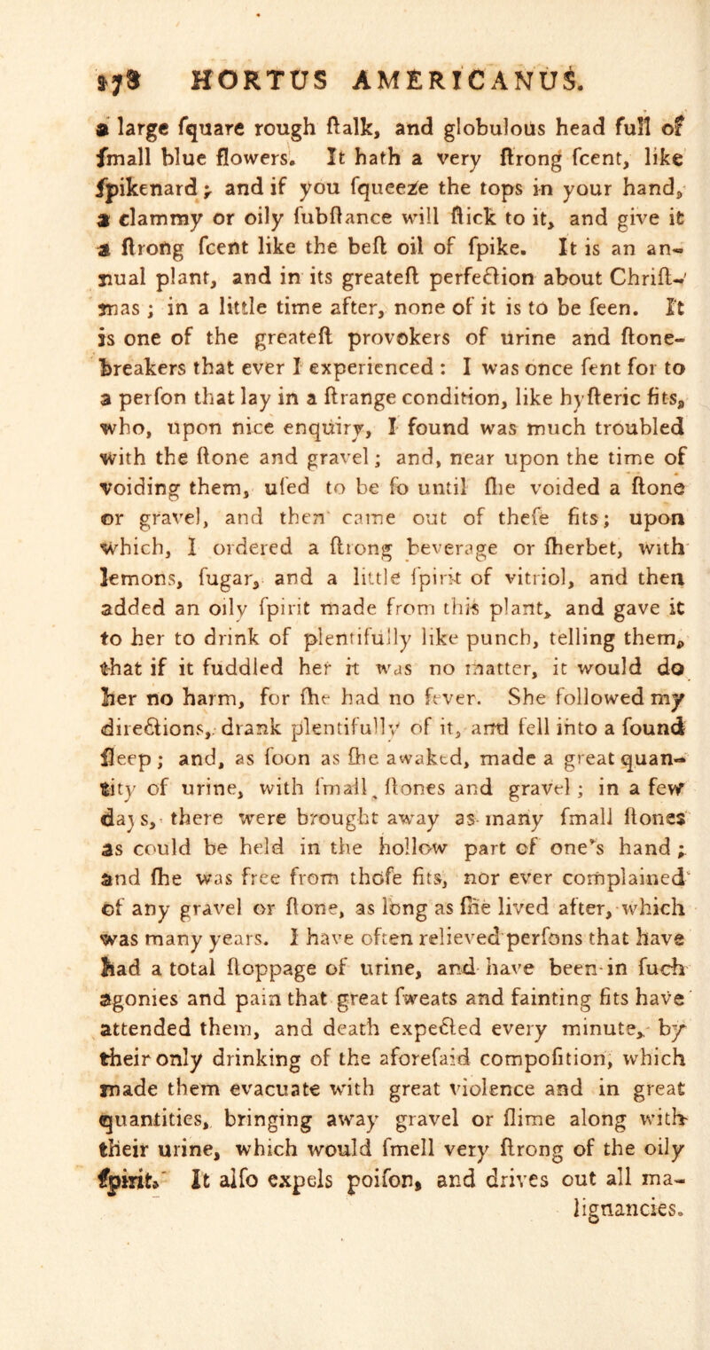 a large fquare rough ftalk, and globulous head full of fmall blue flowers. It hath a very flrong feent, like fpikenard > and if you fquees^e the tops in your handj^ a clammy or oily fubllance will flick to it, and give ic a flrong feent like the beft oil of fpike. It is an an« nual plant, and in its greatefl; perfedion about Chrifl-' mas ; in a little time after, none of it is to be feen. It is one of the greatefl provokers of urine and ftone- breakers that ever I experienced : I was once fent for to a perfon that lay in a ftrange condition, like hyfteric fits, who, upon nice enquiry, I found was much troubled with the flone and gravel; and, near upon the time of voiding them, ufed to be fo until (lie voided a flone or grave], and then' came out of thefe fits; upon which, I ordered a flrong beverage or fherbet, with' lemons, fugar, and a little fpirk of vitriol, and then added an oily fpirit made from tin's plant, and gave it to her to drink of plentifully like punch, telling them, that if it fuddled her it was no matter, ic would do her no harm, for fhe had no fever. She followed my diiedlions,; drank plentifullv of it, and fell into a found fleep; and, as loon as fhe awaked, made a great quan- tity of urine, with (mail. Hones and gravel; in a few dajs,’there were brought away as-many fmali ftones as could be held in the hollow part of 000*^5 hand ; Sind fhe was free from thofe fits, nor ever cornplained‘ of any gravel or flone, as long as fhe lived after, wdiich was many years. I have often relieved perfons that have had a total floppage of urine, and-have been-in fuch agonies and pain that great fweats and fainting fits have' attended them, and death expedled every minute,- by their only drinking of the aforefaid compofition, which made them evacuate wdth great violence and in great quantities, bringing away gravel or flime along witlv their urine, which would fmell very flrong of the oily fpirit®' It aifo expels poifon, and drives out all ma- lignancies.