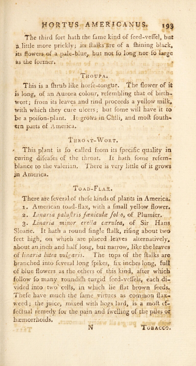 t HGRTUS AMERIC ANUS The third Tort hath the fame kind of feed-veffeh hut a little more prickly; its llaiks'are of a fhining black* its flowers of a paie-blue^ but not fo long nor io large as the former. Thoupa, This is a llirub like horfe-tongUe. The flower of ifc is long, of an Aurora colour, refembling that of birth-- wort; from its leaves and rind proceeds a yellow milk, with which they cure ulcers; but fome will have it to be a poifon-plant. It grows in Chili, and moll fouth-^ tvn parts of America. Thro \t-Wort. This plant is fo called from its fpecific quality ia curing difeafes of the throat. It hath fome refem-> blance to the valerian. There is very little of it grows in America. ToAD-FLAi:. There are feveral of thefe kinds of plants in America* 1. American toad-flax, with a fmall yellow flower* 2. Linaria palufiris fceniculce folWy Plumier. 3. Linaria minor ercBa ccerultay of Sir Hans Sloaiie. It hath a round fingle flalk, rifing about two feet high, on which are placed leaves alternatively, about an inch and half long, but narrow, like the leaves of linaria lutea vulgaris. The tops of the (talks are branched into feveral long fpikes, fix inches long, full of blue flowers as the others of this kind, after which follow fo many roundifh turgid feed-velfels, each di- vided into two cells, iu which lie fiat brown feeds, Thefe have much the fame virtues as common flax-» v/eed; the juice, mixed with hogs lard, is a mod ef- fehtual remedy for the pain and fwxliiog of the piles or b hemorrhoids* • t N ■ Tobacco*
