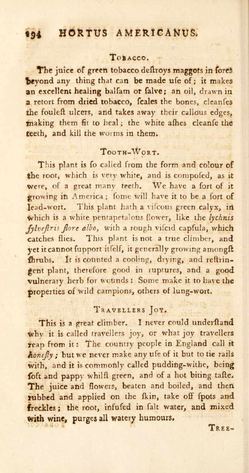 Tobacco. The juice of green tobacco deftroys maggots in foreS teyond any thing that can be made ufe of; it makes an excellent healing balfam or falve; an oil, drawn in a retort from dried tobacco, fcales the bones, cleanfes the fouled: ulcers, arid takes away their callous edges, tnaking them fit to heal; the white afhes cleanfe the teeth, and kill the worms in them. Tooth-Wort. I * This plant is fo called from the form and colour of the root, which is very white, and is compofed, as it were, of a great many teeth. We have a fort of it growing iti America; foine will have it to be a fort of lead-wort. This plant hath a vifeous green calyx, iit which is a white pentapetalous fiower, like the lychnis JylveJlri^ Jlort alho^ with a rough vifcid capfula, which catches flies. This plant is not a true climber, and yet it cannot fupport itfelf, it generally growing amongll fhrubs. it is colinted a cooling, drying, and reftrin- gent plant, therefore good in ruptures, and a good vulnerary herb for wctinds : Some make it to have the properties of wild campions, others of lung-wort. Travellers Joy. This is a great climber. I never could underfland tvhv it is called travellers joy, or what joy travellers reap from it; The country people in England call it honejly ; but we never make any ufe of it but to tie rails with, and it is commonly called puddihg-withe, being foft and pappy whilfl green, and of a hot biting tafle-* The juice aiid flowers, beaten and boiled, and theri rubbed and applied on the fkin, take off fpots and freckles; the root, infufed in fait water, and mixed «vith wine, purges all watery humours* Tree