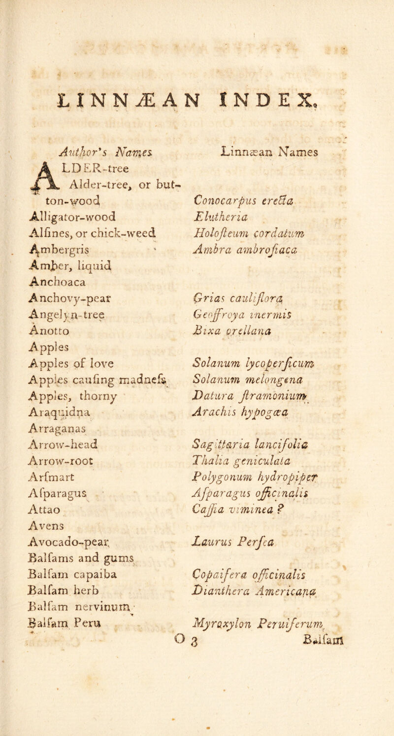 Auiho?‘*s Names. LI3 £R~tree Alder-tree, or but- Linn^an Names ton-wood Conocarpus ereBa Alligator-wood Eluthtria Alfines, or chick-weed Holojitum cordat'um i^mbergris Ambra ambrofiaca Amjber, liquid Anchoaca Anchovy-pear Grias caidiflora^ Angel) a-tree Geojfroya incrmis Anotto Bixa Qfcllana Apples Apples of love Solanum lycoperjicum Apples cauling madncfs Solanum mclongena Apples, thorny J)atu7~a Jiramoniiim Araquidna Arachis hypo gee a Arraganas Arrow-head SagiUaria lancifolic Arrow-root Thalia geniculata Arfmart Polygonum hydropipet Afoaragus. Afparagiis o£icinalis Attao Cajfia viminea P Avens Avocado-peai; Laui’us Ferfca Ealfams and gums Balfam capaiba Copaifera officinalis Balfam herb Dianthera Americana Balfam nervinum ■ Balfam Peru -I' . Myraxylon Pcruiferuni O