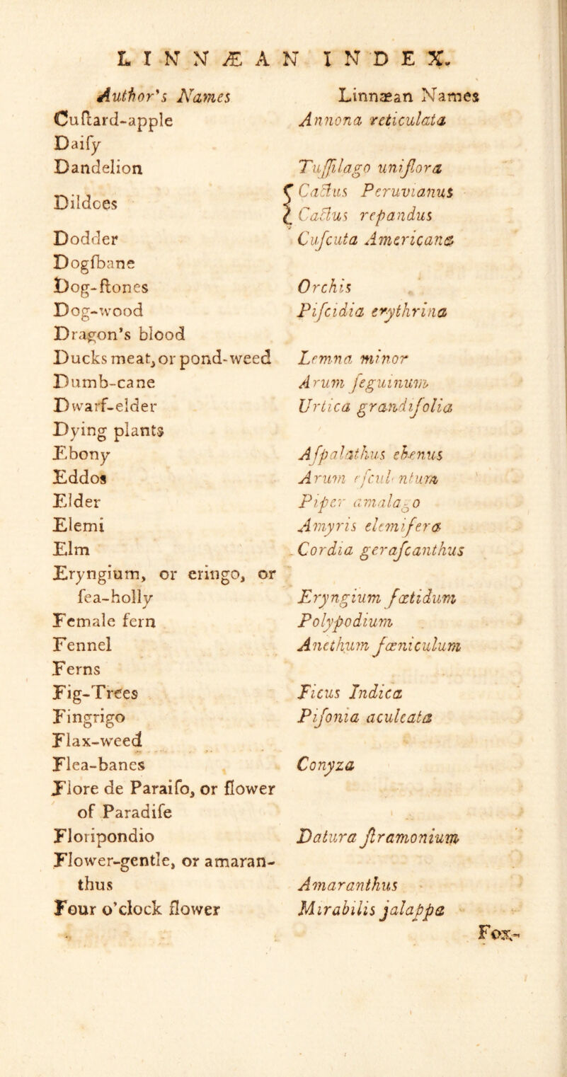 Author'i Names Cuflard-apple Daify Dandelion Dildces Dodder Dogfbane Dog- ftones Dog -xvood Dragon’s blood Ducks meat^or pond-weed Dumb-cane Dwarf-elder Dying plants Dbony Dddos Elder Elemi Elm Eryngium, or eringo, or fea-holly Female fern Fennel Ferns Fig-Trees Fingrigo Flax-weed Flea-banes Fiore de Paraifo, or flower of Paradife Floripondio Flower-gentle, or amaran- thus Four o’clock flower Linnasan Names Annona reticulata Tuffilago unif.ora CaBus Peruvianus Caclus repandus Cufeuta Americans Orchis Pifcidia crythrina Lemna minor A r 117)1 feguDium Urtica graudifolia A fpahuthus ehenus A r 117)1 rjcnl ntum ' Piper amala^o A7nyris ekmifera ^Cordia gerafeanthus Eryngium fcetidum Polypodium Ancthum Jaeniculum Ficus Indies Pifonia aculeata Datura Jiramonium Amaranthus • Mirabilis jalappa  Fox.-
