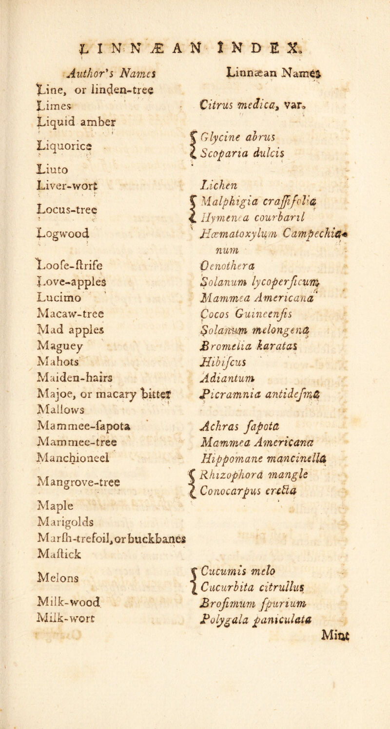 Linn^an Nam^a 'Citrus mcdica^ var« Author's Names X.ine, or linden-tree Limes Liquid amber - 1 Liquorice Liuto Liver-wort Locus-trec ■ Logwood Loofe-flrife Love-apples Lucimo Macaw-tree Mad apples Maguey Alahots' Maiden-hairs Majoe, or macary Mallows Mammee-fapota Aiammee-tree Manchioiieel Mangrove-tree Maple Marigolds Marlh-trefoil^orbuckbaiies Maftick Melons Milk-wood Milk-wort % Glycine ahrus i Scoparia dulcis * ' ^ Lichen f Malphigia craJfifvVa C Hymenea courbaril Ncematoxylum Campechiu^ nu7n Oenothera Solanum lycoperficu'm Mammea Americana Cocos Guinecnjis ^olamm melongene^ Bromdia karatas Nihifcus Adiantum Bicramnia antidefmCi Ac hr as fapota Mammea Americana Hippomane mancindUk X Rhizophora mangle \ Conocarpus crcUa Cucumis mdo Cucurbita citrullus Brojimum fpurium Bolygala pamculata Miut i