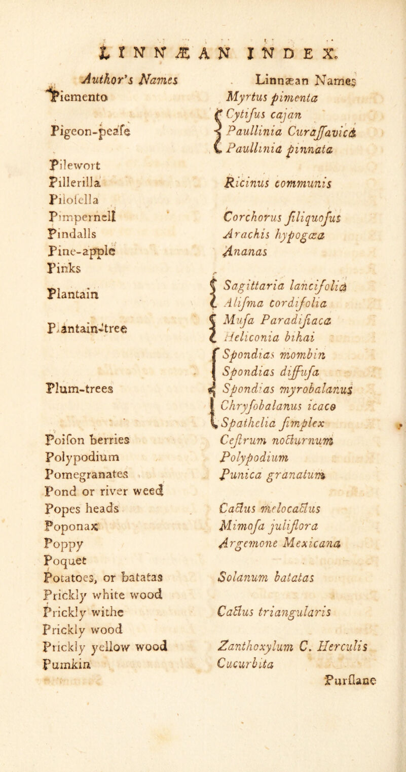 Author's Names riemento Pigeon-peaTe Pilewort Pillerilla Fiioiclla Pmipernell Findalls Pine-apple Pinks Plantain P.antain-tree Plum-trees ^ « Foifon berries Polypodium PomegranatCvS Pond or river weed Popes heads Poponax Poppy Poquet Potatoes, or batatas Prickly white wood Pricklv withe prickly wood Prickly yellow wood Pumkin Linnsean Name^ Myrtus pimenta ' ^ Cytifus cajan Paullinia Curajfavicd, , C Paullinia pinnata Ricinus communis / Corchorus filiquofus Arachis hypogesa Auanas Sagittaria lahcifoli^ Alifvia tordijolia Mufa Paradijiaca Heliconia bihai fSpondias mombin Spondias diffufa Spondias myrobalanui I Chryfobalanus icace \Spathclia fimplex Ceft rum noHurnuni Polypodium Punica granatum Cactus melocaBus Mimofa julifora Argemone Mexicana Solanum batatas Cabins triangularis Zanthoxylum C, Herculis Cucurbit a Purflane