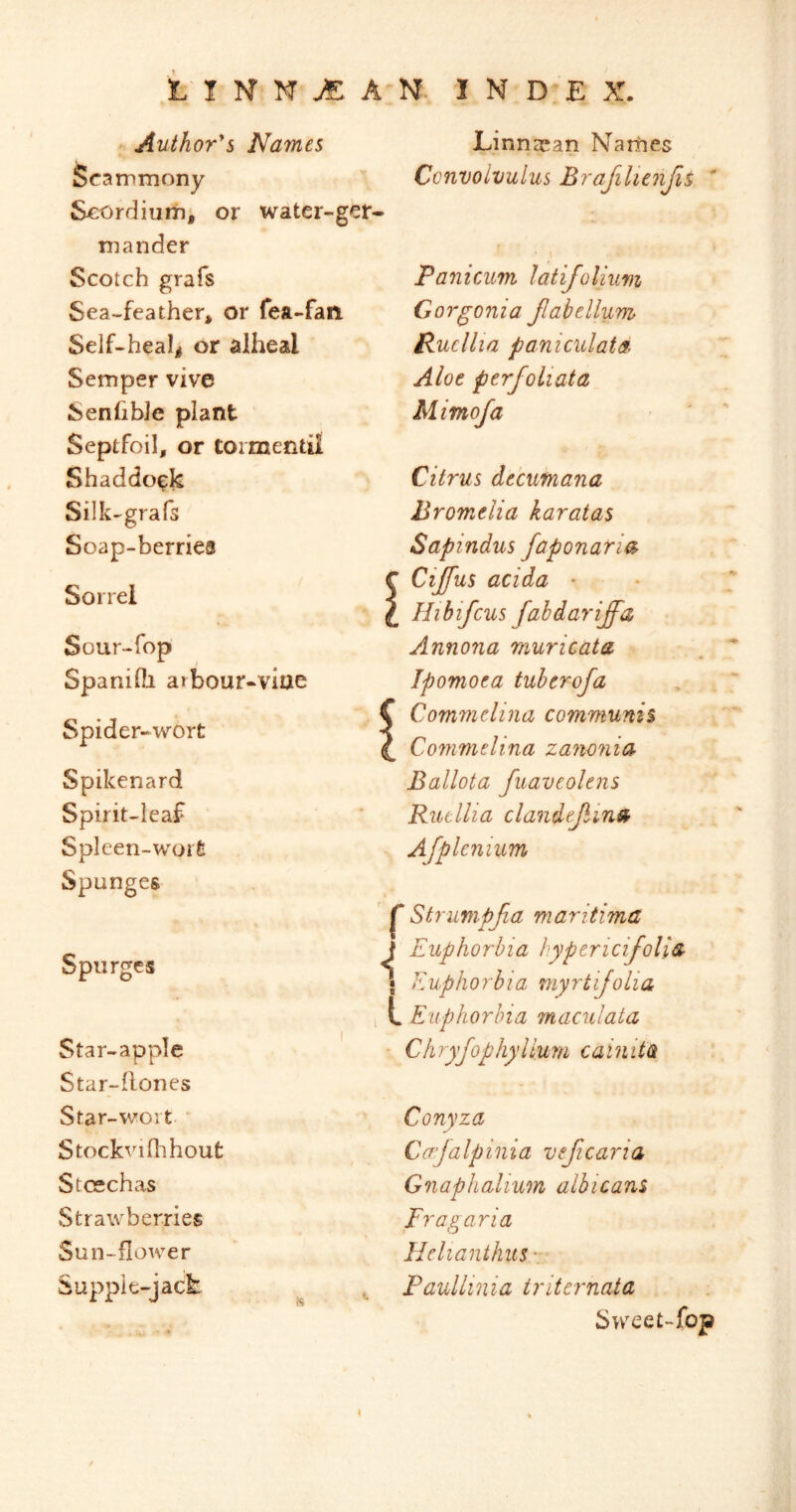 Author's Names Linneean Narhes Scammony Convolvulus Brafilienjis ' Scordiuiiii or water-ger- mander Scotch grafs Sea-feather, or fea-fan Self-heal^ or alheal Semper vive SenfibJe plant Septfoil, or toimentil Shaddock Silk-grafs Soap-berries Sorrel Sour-fop Spanifli arbour-viae Spider-wort Spikenard Spirit-leaf Spleen-woit Spunges Spurges Star-apple ' Star-flones Star-wort ' Stockviflihout Stcschas Strawberries Sun-flower Suppie-jacl: Panicum latifoliiivi Gorgonia JIabellum, Rucllia paniculate Aloe perfoliata Mimofa Citrus dtcumana Bromelia karatas Sapindus faponarm Cijfus acida • Hibifcus fabdariffa Annona muricata Ipomoea tuherofa Commdina communis Commelina zanmiia Ballota fuaveolens Rutllia clandejiins^ Ajplcnium ^ Strumpjia maritima \ Euphorbia hypericifolia j Kuphojdia myrtijolia L Euphorbia maculata ■ Chryfophyllxim cainita Conyza Cerjalpinia veficaria Gnaphalium albicans Era gar ia Helianthus- Faullinia tritcrnata Sweet~fop