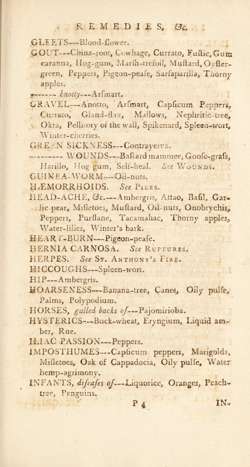 .GLEETS—Blood-fiowen »• GOUT—China-root, Cowhage, Currato, Fuilic,Gum caranna, Hog-gum, Mar hi-trefoil, Muilard, Qyfler- green. Peppers, Pigqon-peafe, Sarfapariilaj Thorny apples. knotty—Arfmait. GRAVEL-—Anotto, ‘Arfmait, Capficum Peppers^, Curratof Giand-flax, Mallows, Nephritic-tree, Okra, Pelliioiy of the wall. Spikenard, SpIeen-v/orL WiiiCer-clierries. G R E r. N SI € K N E S S— C ontray e rva. WOUNDS-—Bahard inammee, Goofe-grafSj Harillo, TJog gum, Self-heal. Gre Wounds. G UIN EA-\PORM—Oil-nuts. HAEMORRHOIDS, Sec Piles. HEAD-ACHEU Oc.—“Ambergris, Attao, Bafil, Gar«« lie pear, Mifletoes, Muflard, Oii-nuts, Onobrychis^ Peppers, Purflane, Tacamahac, Thorny apples^ Water-lilies, Winter’s bark. HEAR r-BURN—Pigeon-peafe. HERNIA CARNOSA. See Ruptures. PIERPES. See St. Anthony’s Fire. HI CCOUGHS—Spleen-wort. HIP—Ambergris. HOARSENESS-—Banana-tree, Cane^, Oily pulfc Palms, Poiypodium. PiORSES, galled backs of—Pajomirioba. HYSTERICS—Buck-wheat, Eryngium, Liquid amr ber,- Rue. ILIAC PASSION™Peppers. IMPOSTIiUMES—Capficum peppers. Marigolds^ Mifletoes, Oak of Cappadocia, Oily pulfe. Water hemp-agrimony. INFANTS, difeafes (^-—Liquorice, Oranges, Peach- tree, Penguins. ■ P4