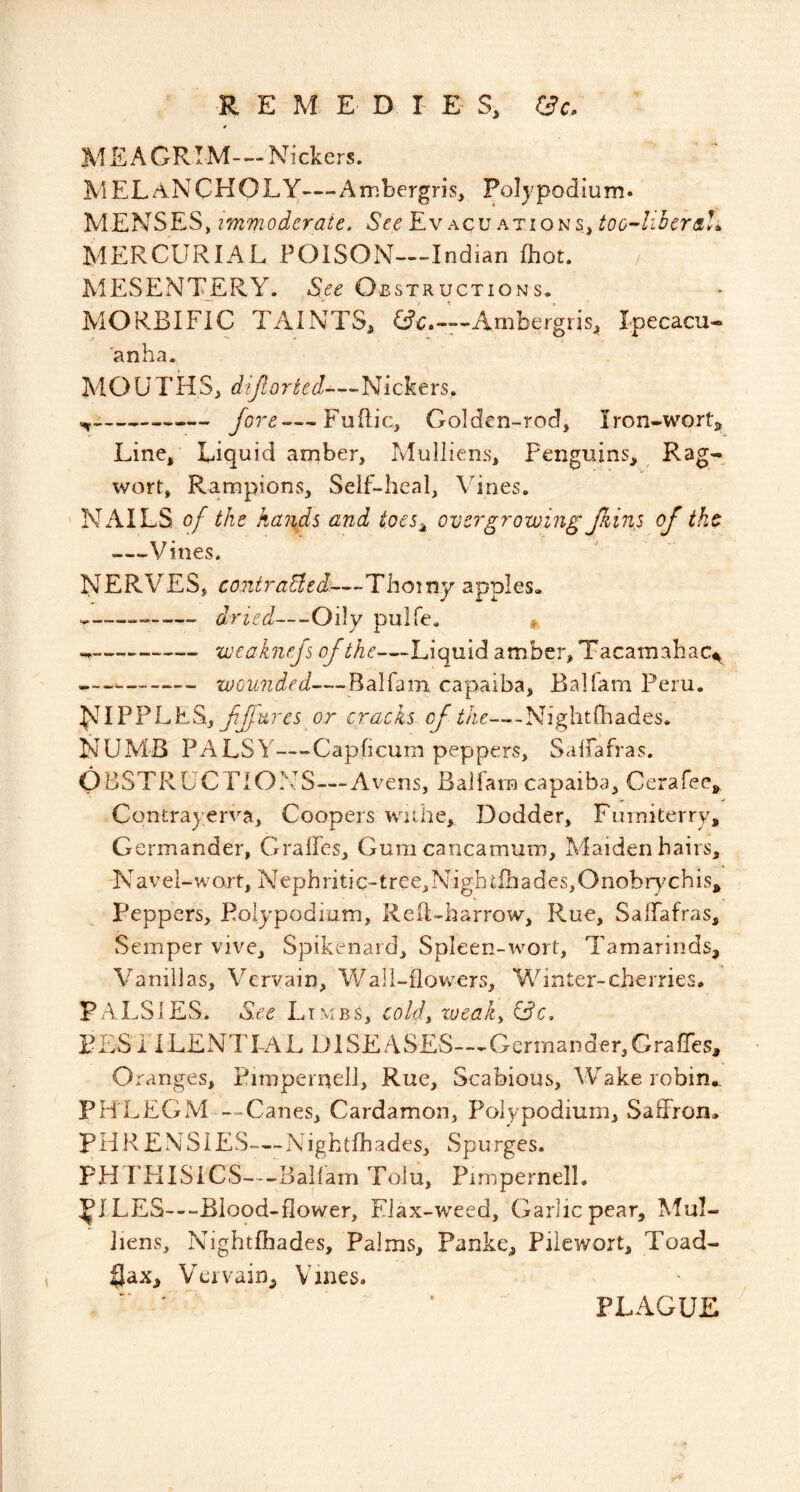 ME AGRIM-—'Nickers. MELaNCHOLY—Ambergrisj Polypodium. MENSES, immoderate. SceY.vattoo-lihcrah MERCURIAL POISON—Indian (hot. MESENT_ERY. See Obstructions. MORBIFIC TAINTS, 6?c..-Ambergris, Ipecacu- anha. MO U THS, diflorted^-^Wicktrs, Jore—Fuftic, Golden-rod, Iron-wortj, Line, Liquid amber, MuIIiens, Penguins, Rag-, wort, Ra.mpions, Self-heal, Vines. ' NAILS of the hands and toes^ overgrowing Jkins of ike —Vines. ^vIERVES, contraEled—Thorny apples. ^ dried— Oily pulfe, » «... weaknejs of the—Liquid amber, Tacamabac^ wounded—Balfam. capaiba, Balfam Peru. ffares or cracks e/'/Ae—-Nightfhades. NUMB PALSY—Capheum peppers, Salfafras. OBSTRUCTIONS—Avens, Balfam capaiba, Cerafee^ Contrayerva, Coopers wiihe, J3odder, Furniterry, Germander, Gralfes, Gumcancamum. Maidenhairs, NaVel-wort, Nephritic-1ree. Nigh tihades, Onobr}^chis^ Peppers, Polypodium, Reil-harrow, Rue, Salfafras, .Semper vive. Spikenard, Spleen-wort, Tamarinds, Vanillas, Vervain, Wail-flowers, Winter-cherries. PALSIES. Sre L I MBS, coldy locally PESi ILENTIAL DISEASES—Germander,Graffes, Oranges, Pinipernell, Rue, Scabious, Wake robin.., PHLEGM—Canes, Cardamon, Polypodium, Saffron. PHRENSIES-—Nigktfhades, Spurges. FHTHISiCS—Ballarn Tolu, Pimpernell. ^ILES—Blood-flower, Elax-weed, Garlic pear, Mul- Jiens, Nightfhades, Palms, Panke, Piiewort, Toad- Qax, Vervain, Vines. PLAGUE